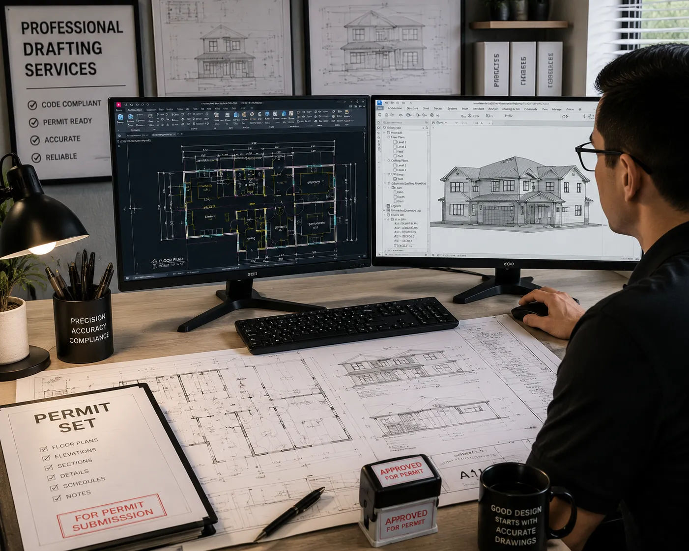 Professional drafting service showing AutoCAD and Revit drawing production for residential permit package