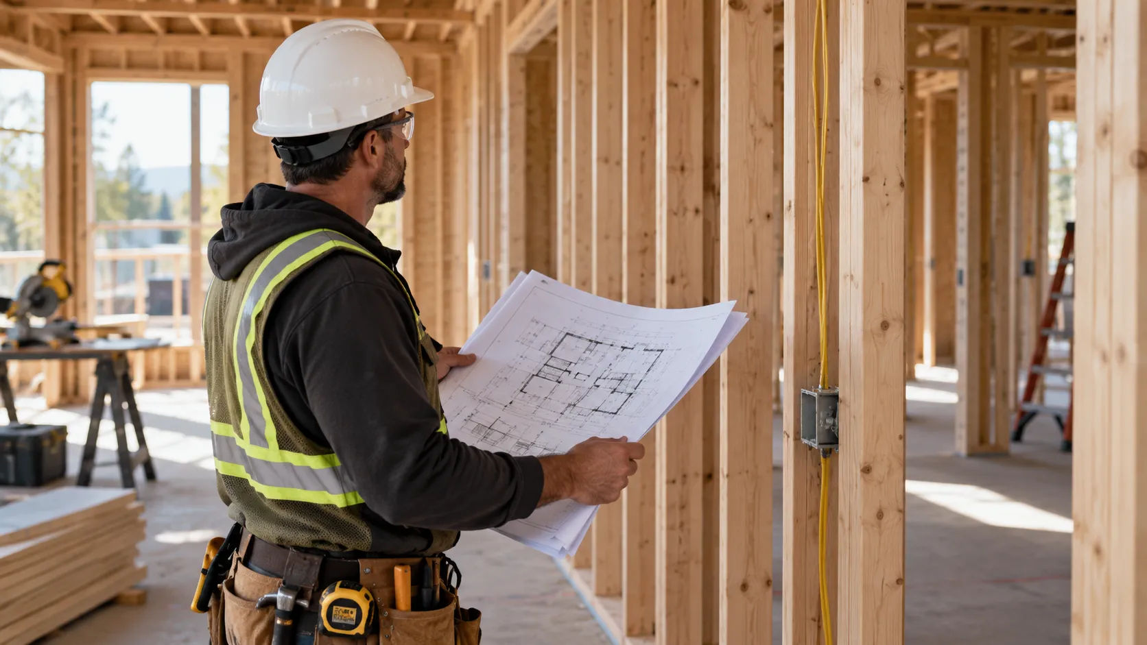 General contractor checking a section drawing against field conditions