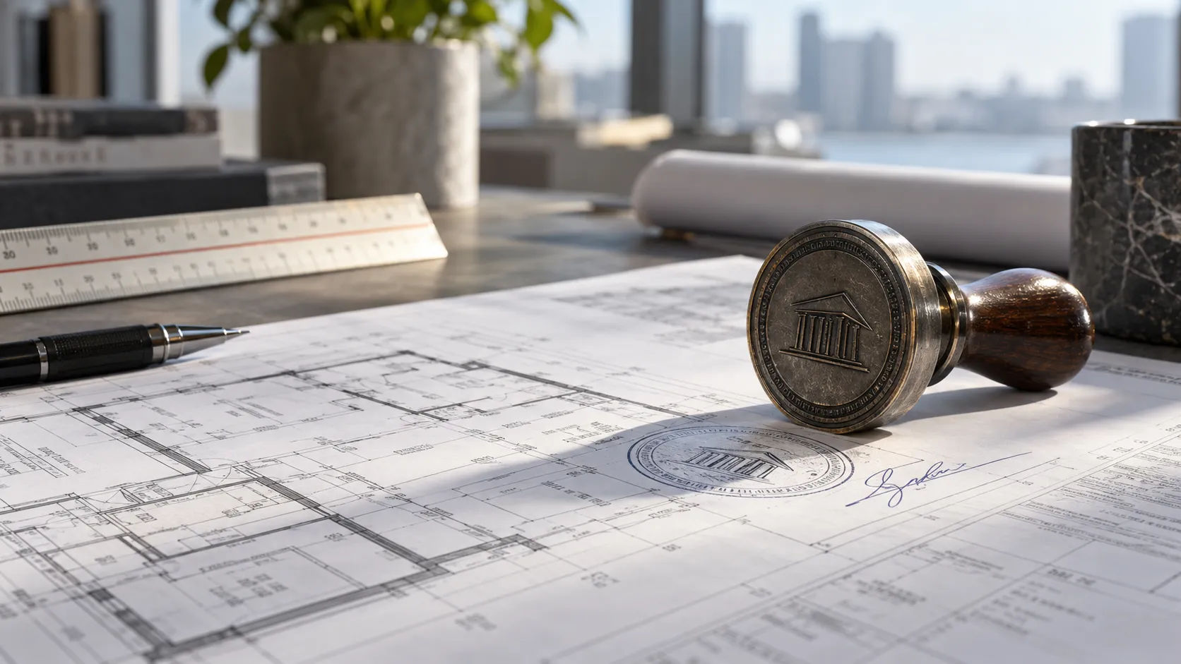 Architect’s professional seal on a construction drawing sheet
