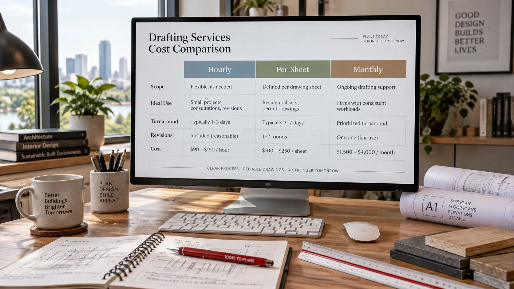Table comparing hourly, per-sheet and dedicated-drafter pricing for outsourced drafting
