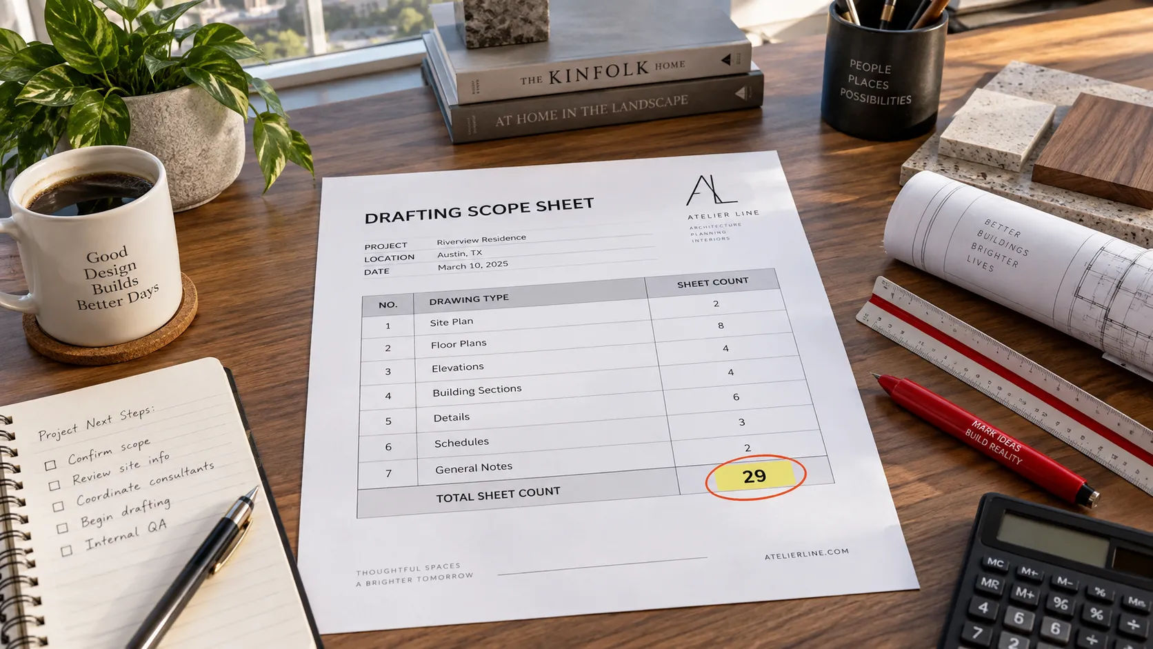 Written drafting scope listing sheet counts by type for a fixed-price quote