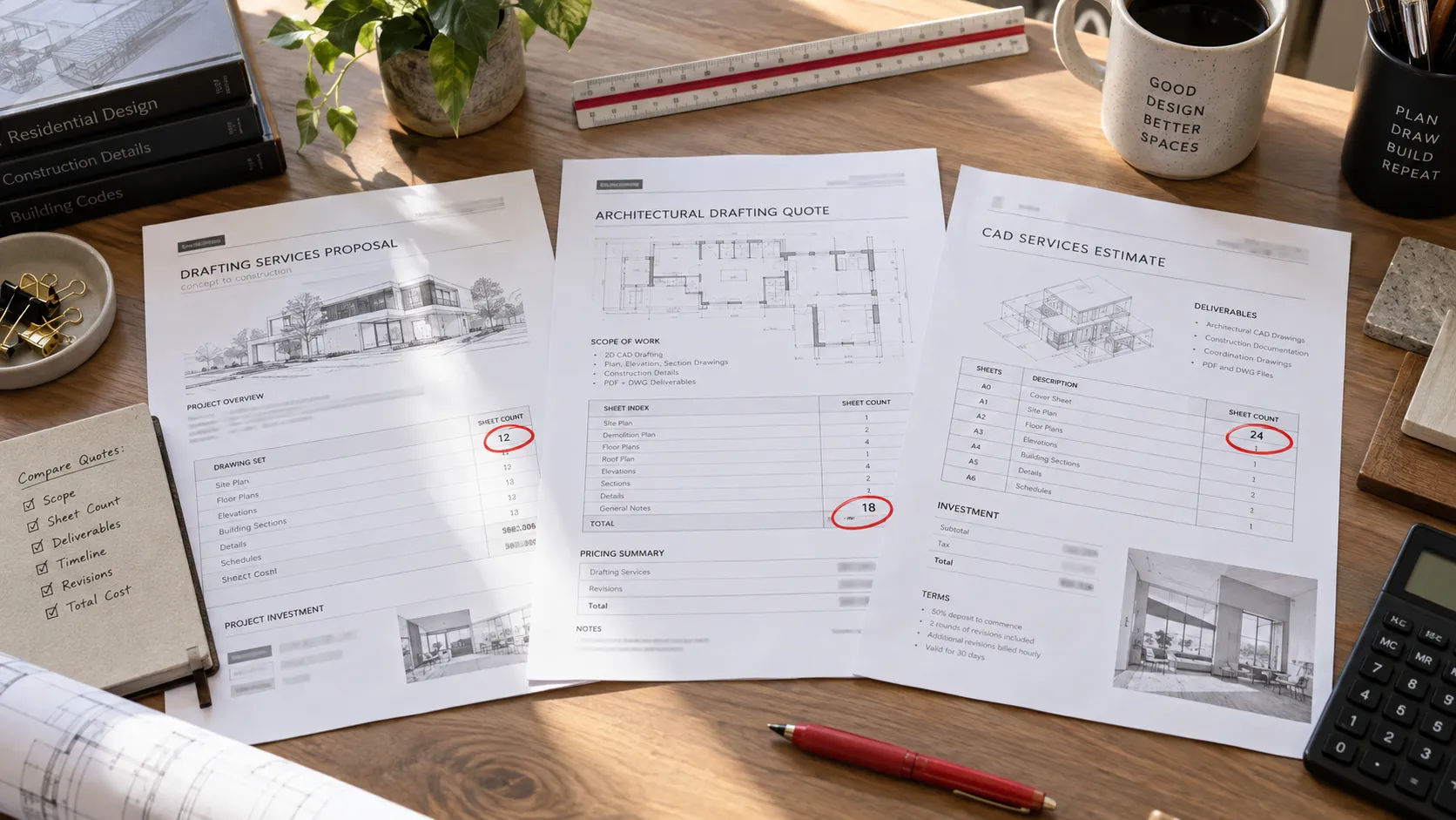 Comparing outsourced drafting quotes by sheet count and rate