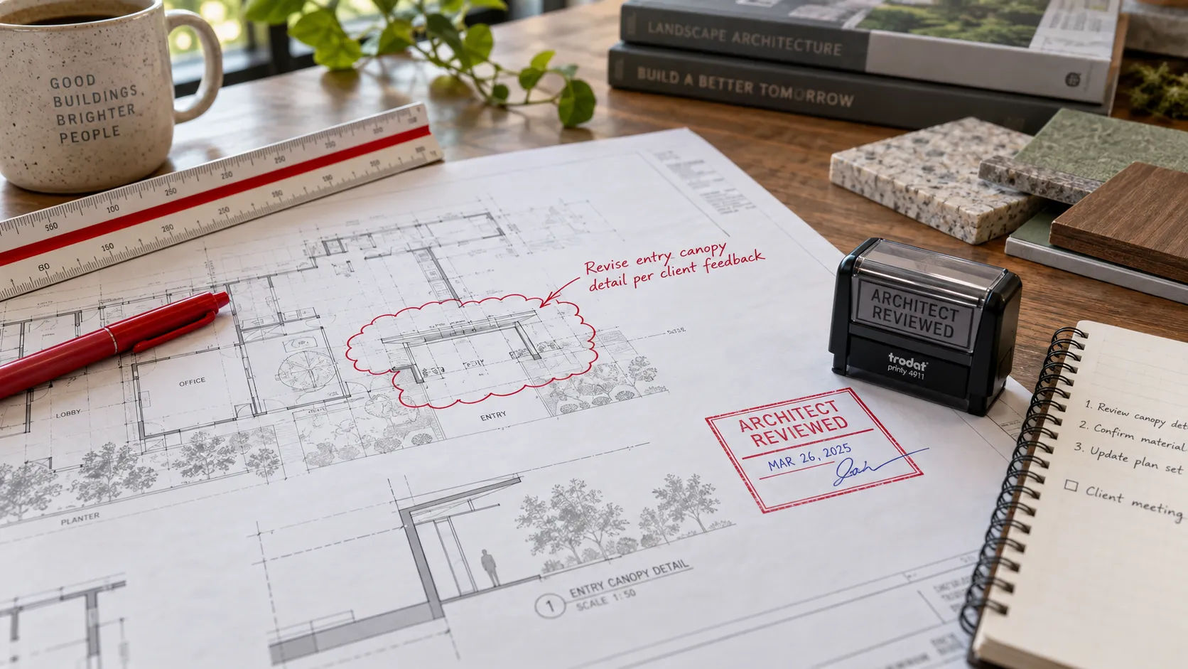 Drawing revision cloud prepared by a drafting partner awaiting architect review