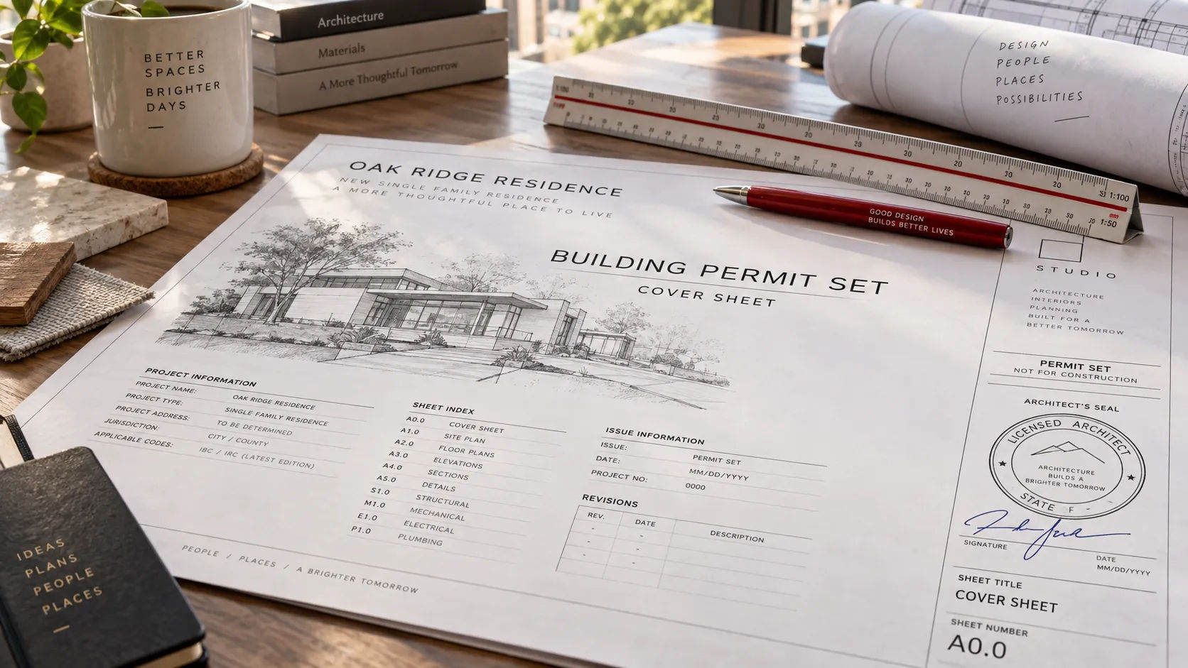Professional seal and signature block on an architectural permit drawing set