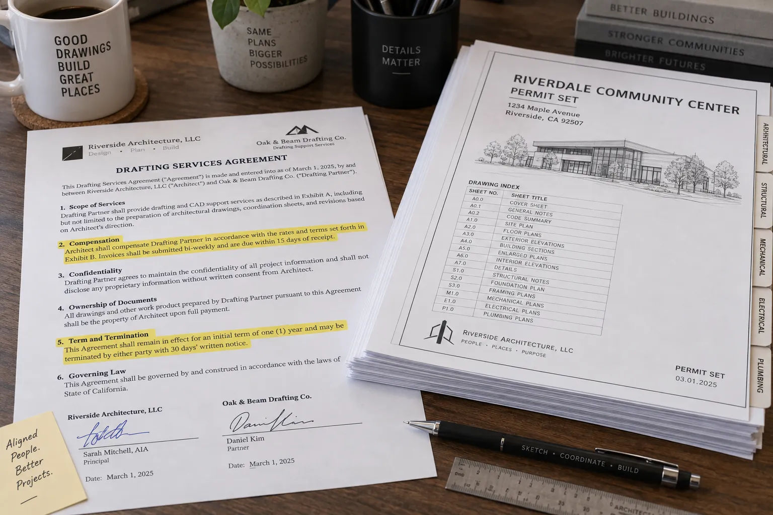 White-label drafting agreement with confidentiality and no-contact clauses beside a drawing set