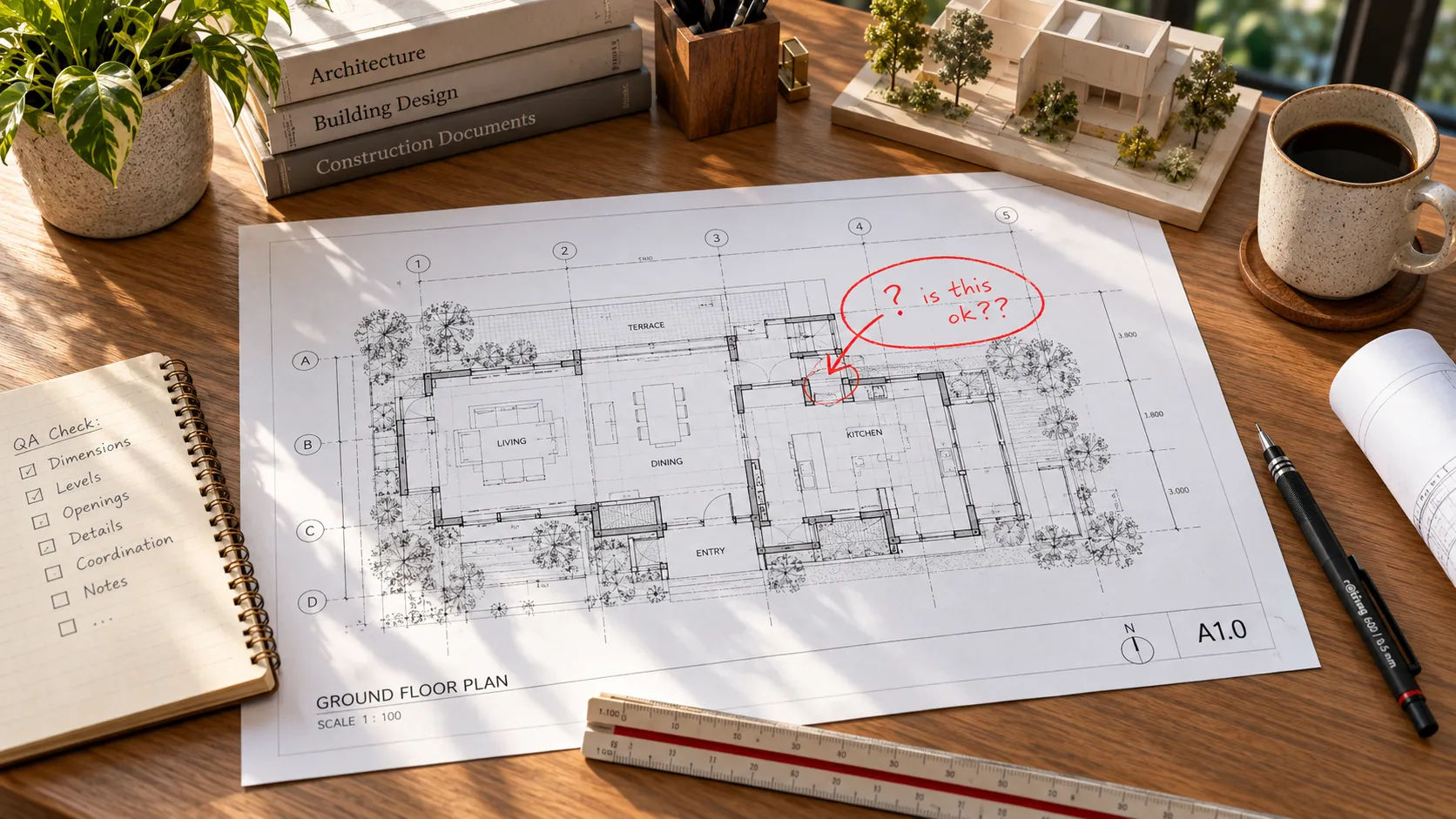 Deliberately ambiguous markup on a plan sheet used to test how a drafting partner handles unclear instructions