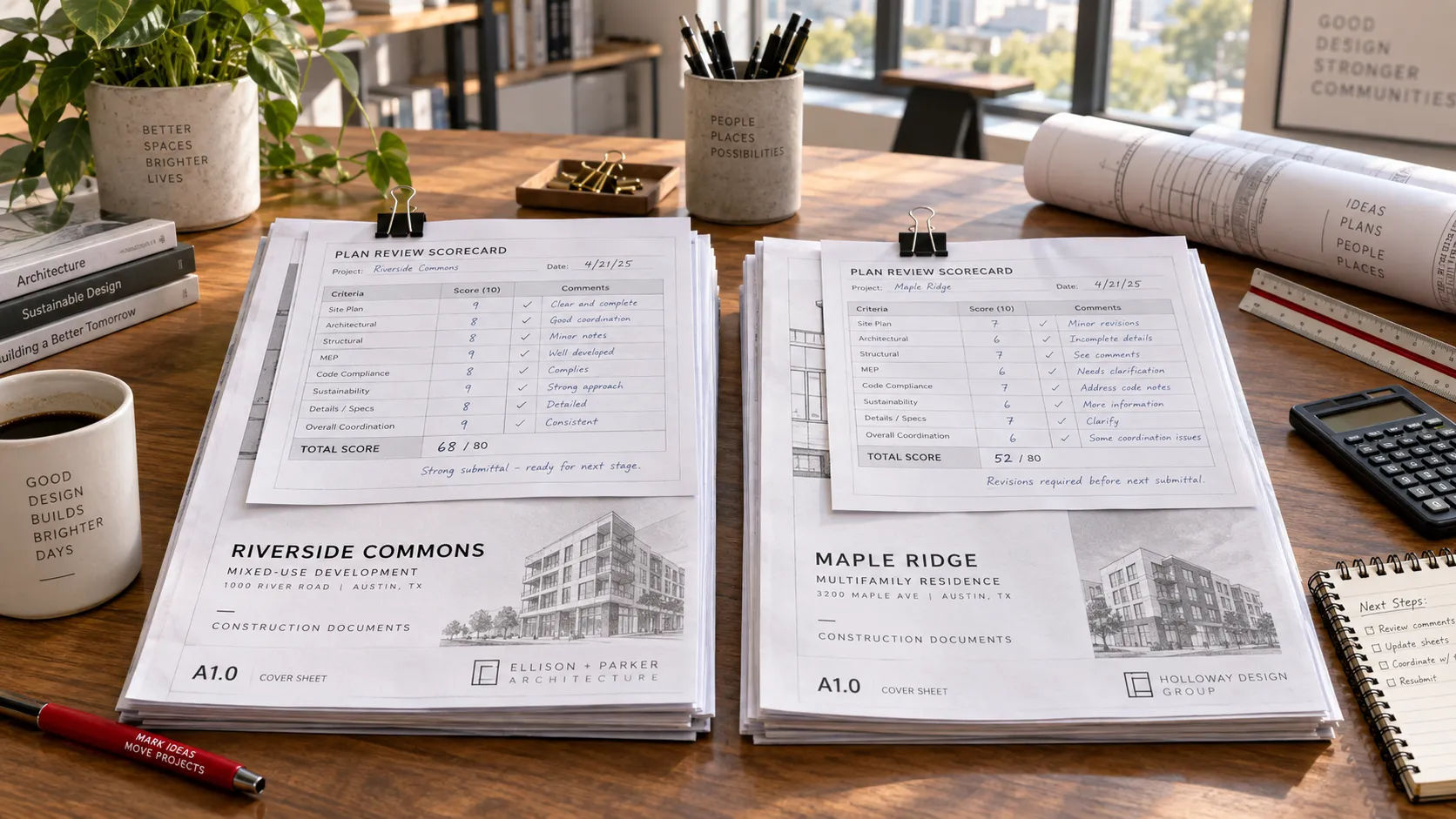 Two returned trial drawing sets compared with completed scorecards