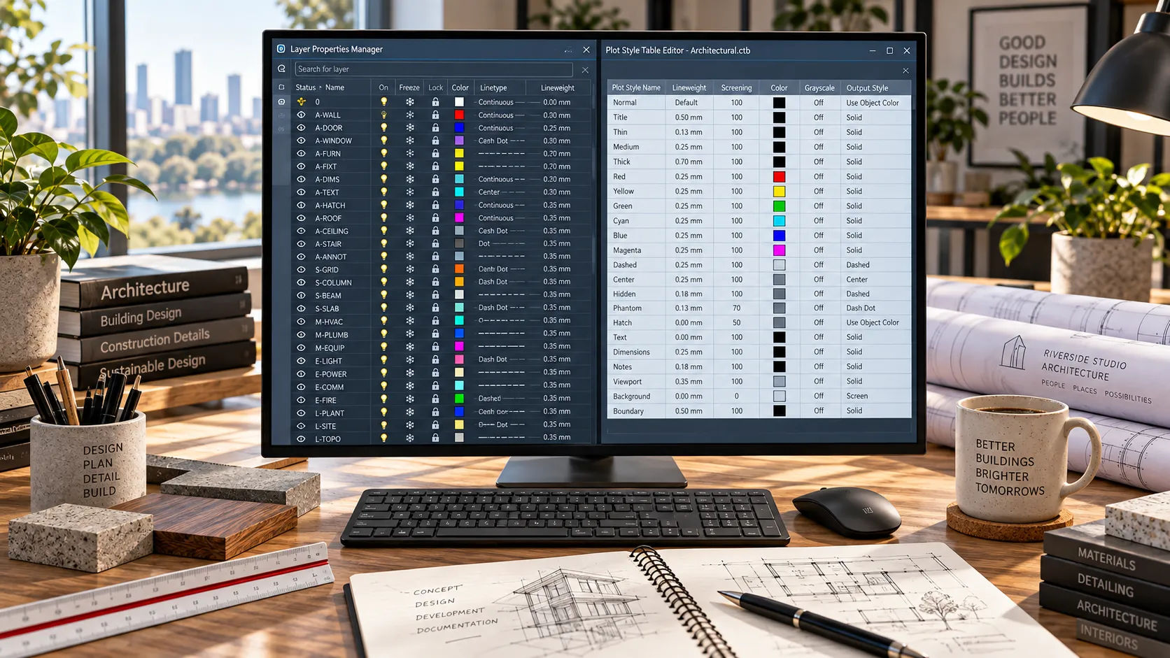 AutoCAD layer list and plot style table prepared for a drafting partner handoff