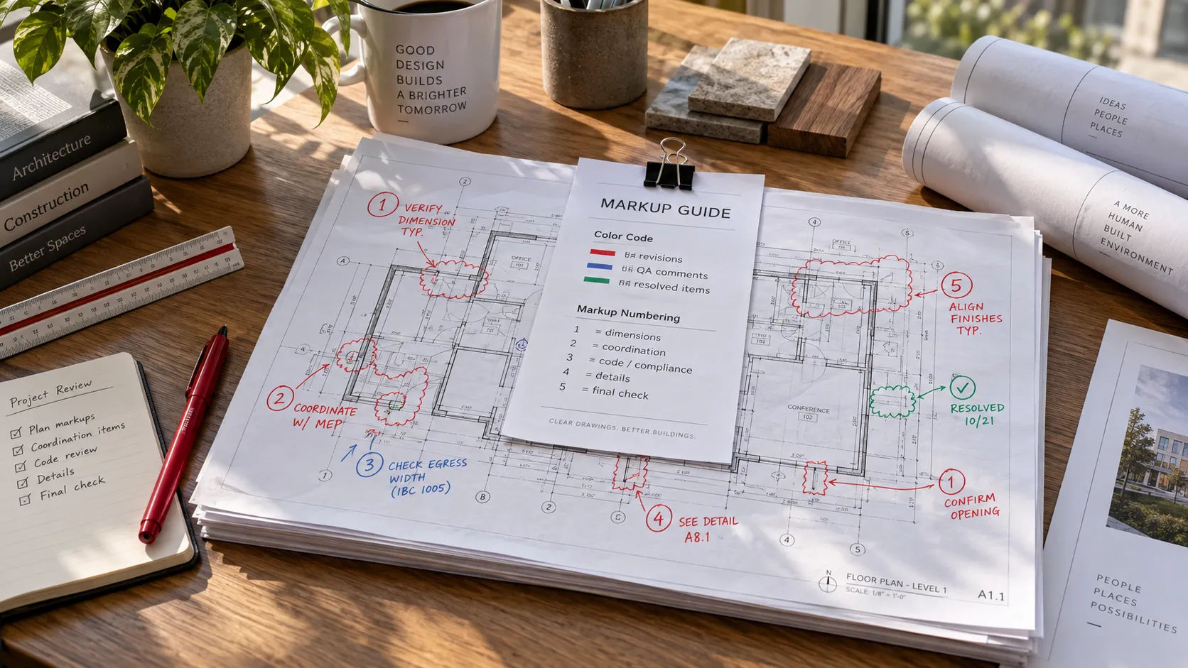 Cover note explaining markup colors and numbering for a redline to CAD handoff