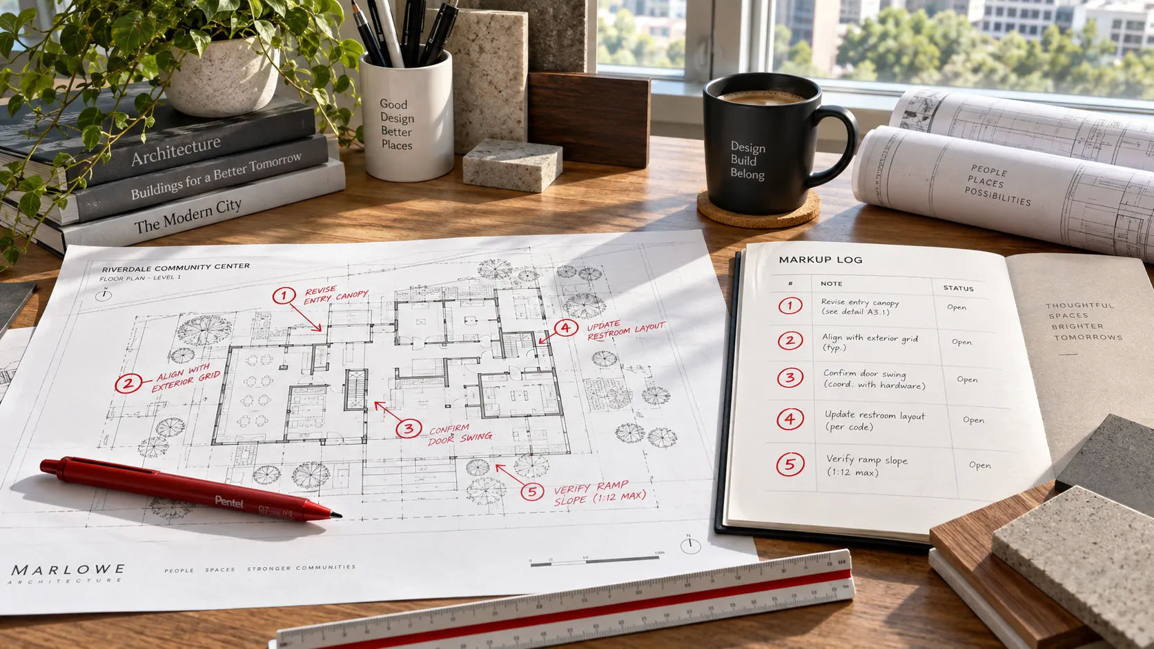 Numbered markup log matched to a redline sheet for a drafting partner