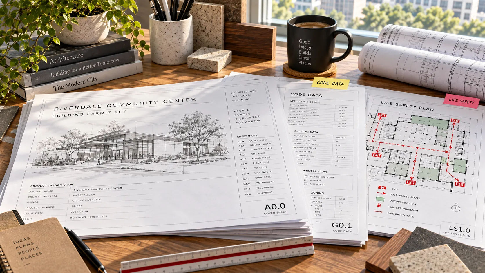 Architectural permit set under plan review with flagged code and life-safety sheets