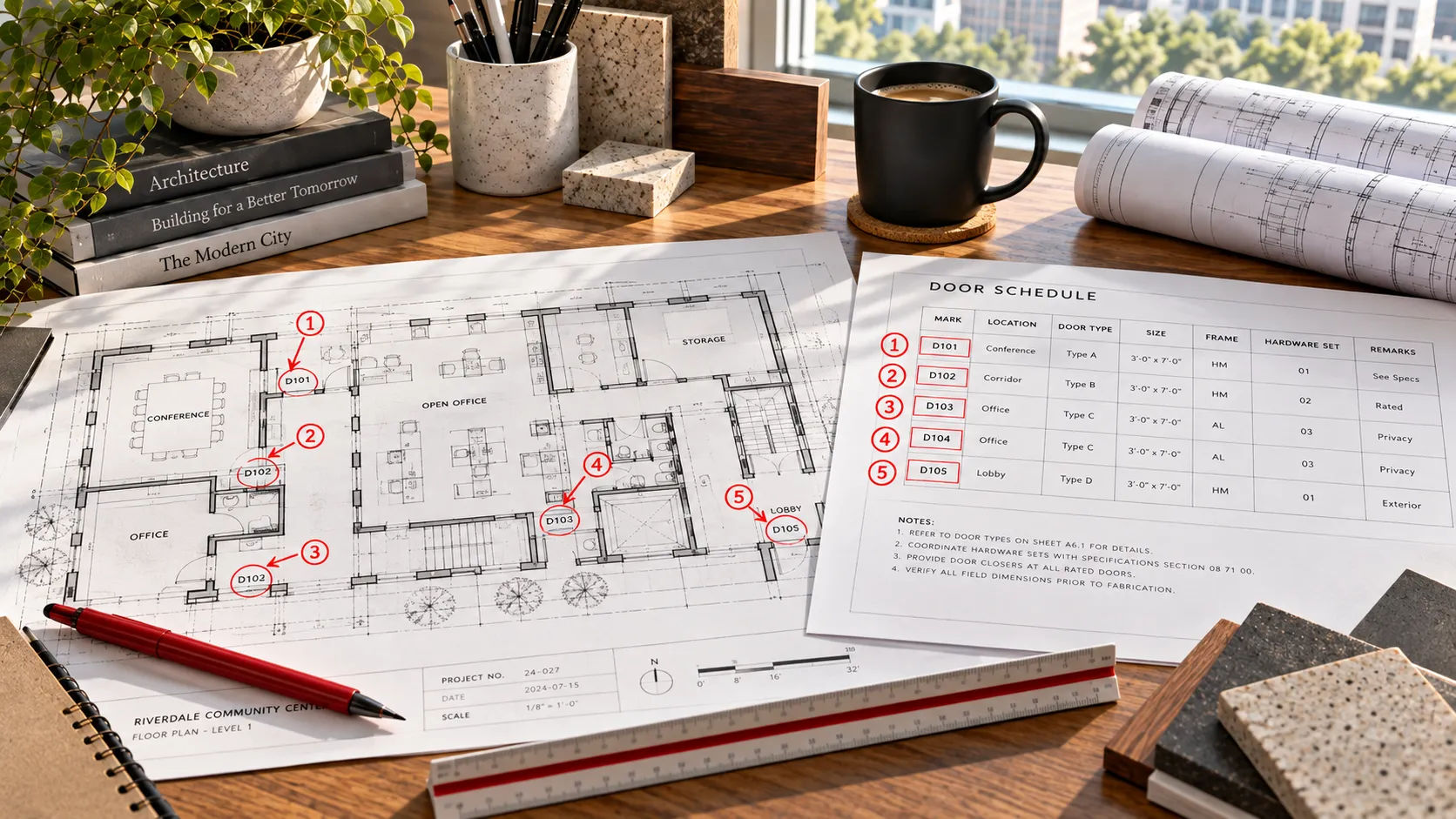 Door tags on a floor plan cross-checked against the door schedule before a permit submission