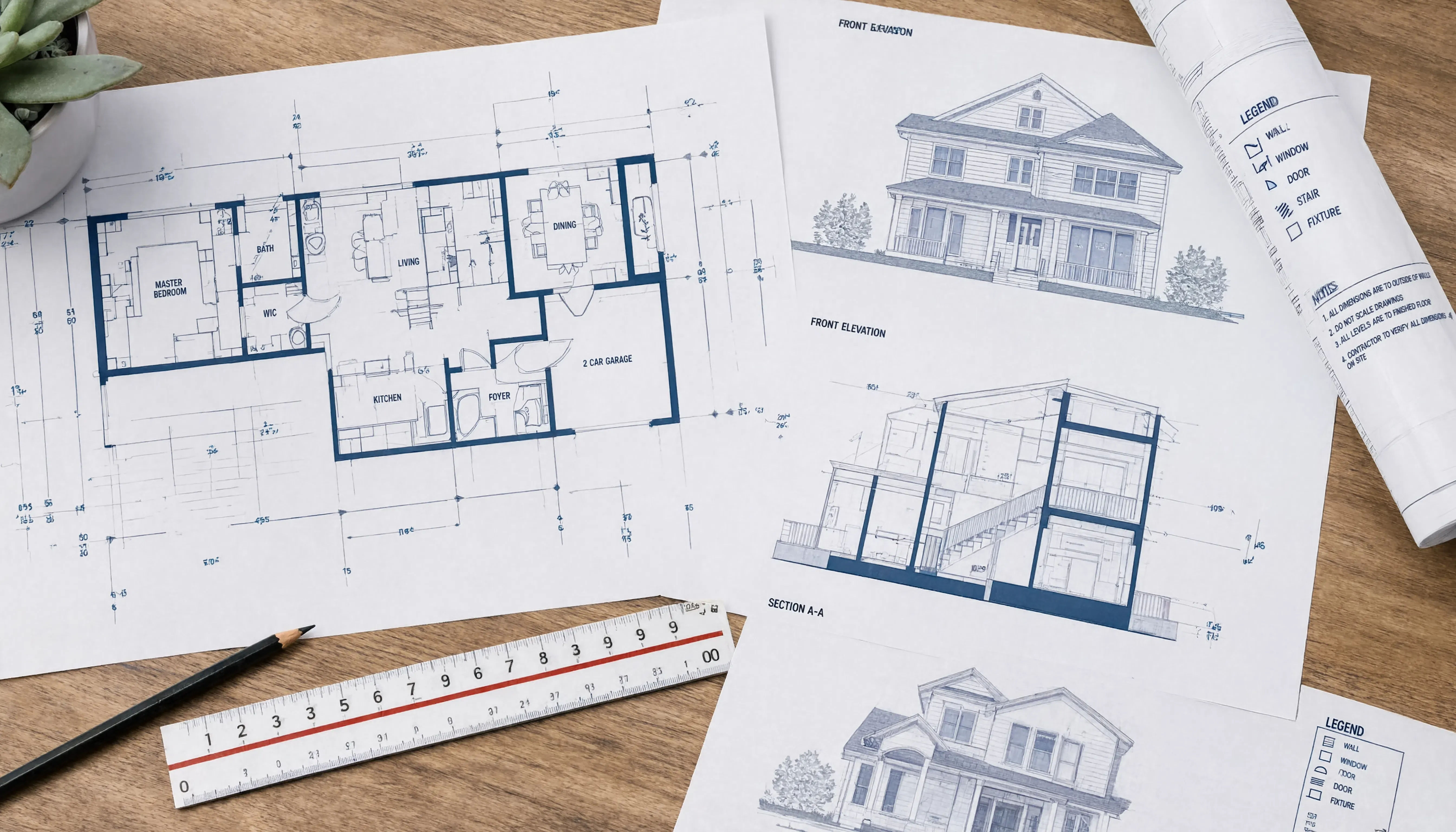 House floor plans, elevations and section drawings with ruler and pencil on a wooden desk.