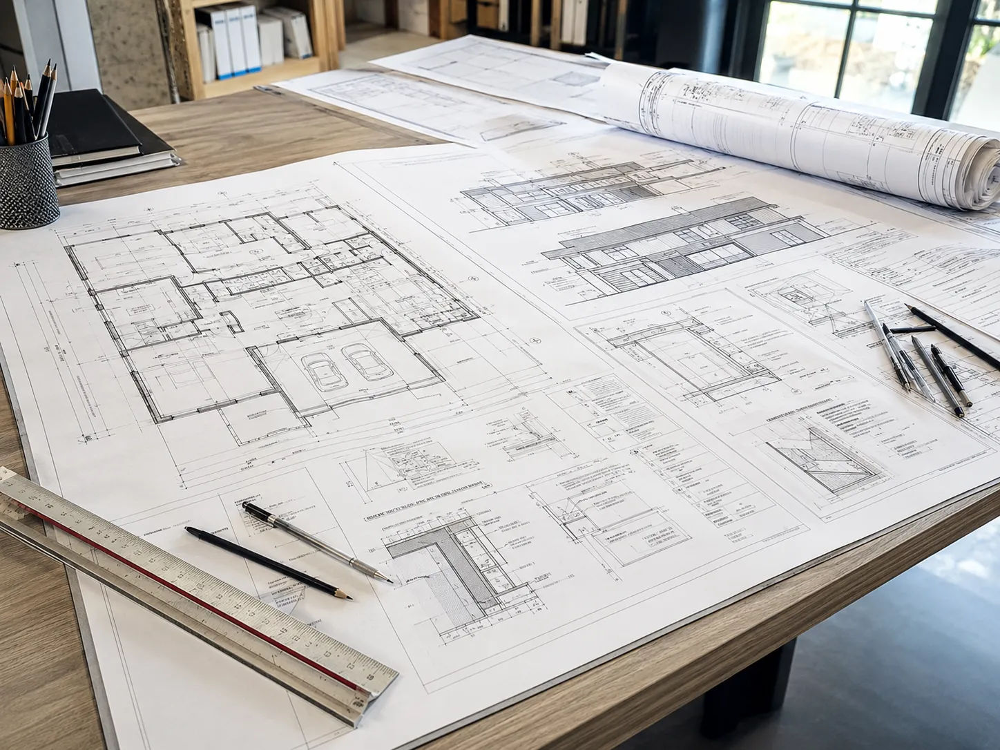 Complete set of architectural drawings including floor plans, elevations and construction details