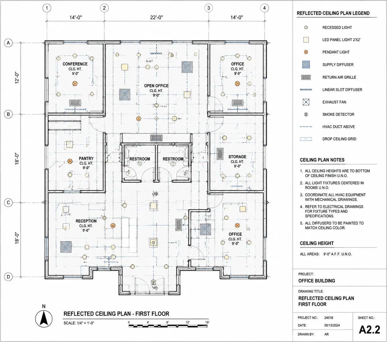 Reflected ceiling plan showing lighting and HVAC coordination in architectural drawings