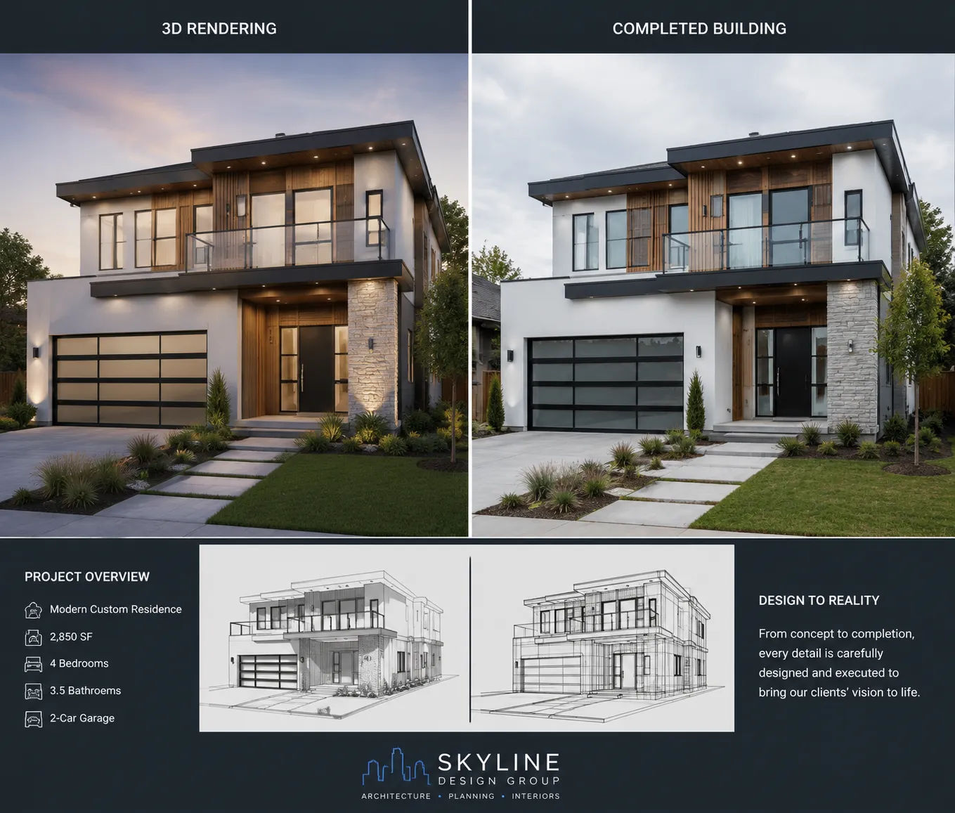 3D architectural visualization by Skyline Design Group compared with completed building