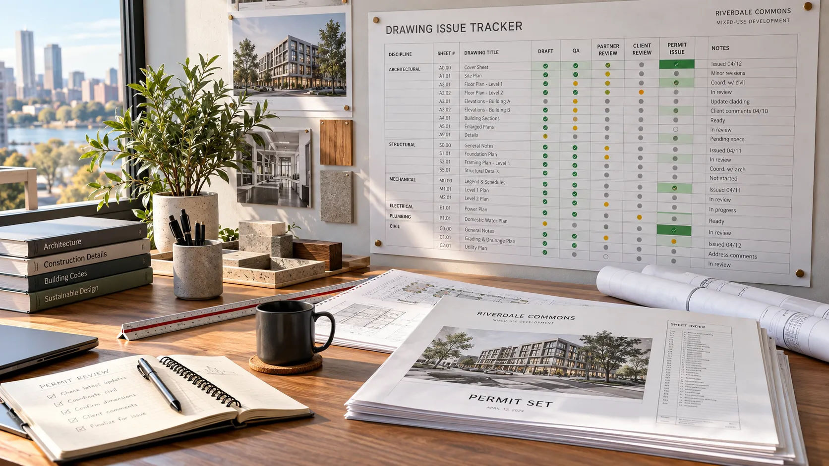 Sheet index for a multifamily construction document set beside the drawings