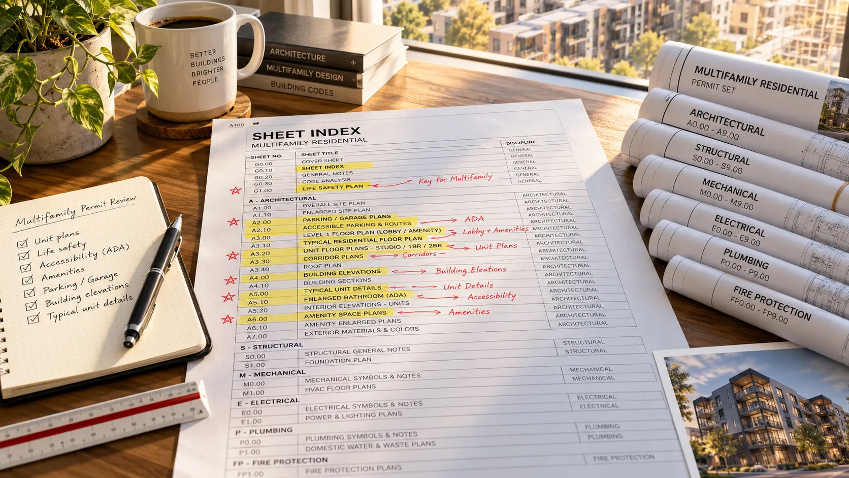 Annotated multifamily sheet index highlighting unit plans, unit schedule and typical details