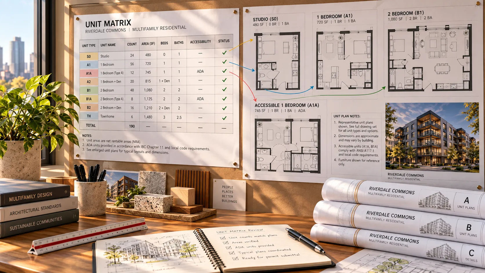 Unit matrix cross-checked against enlarged unit plans in a multifamily drawing set