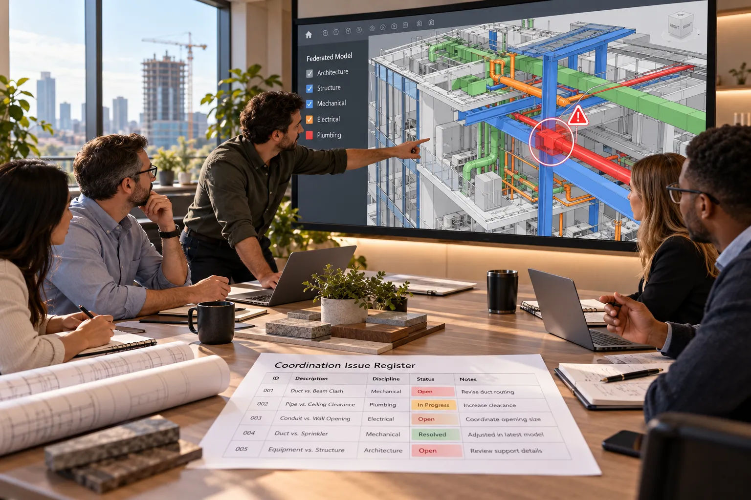 BIM coordination meeting reviewing clash issues from a federated model