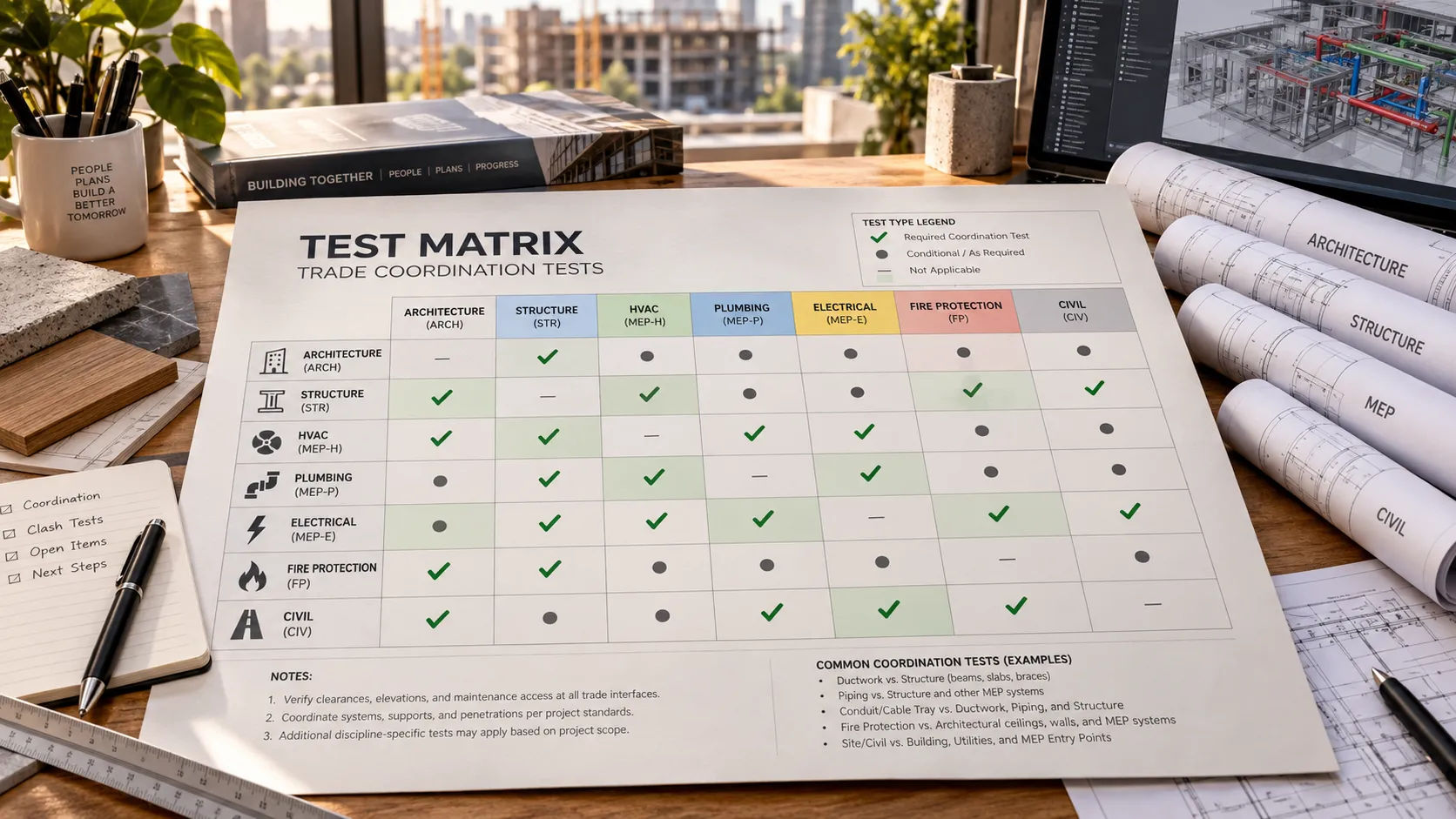 Clash test matrix showing which building systems are tested against each other