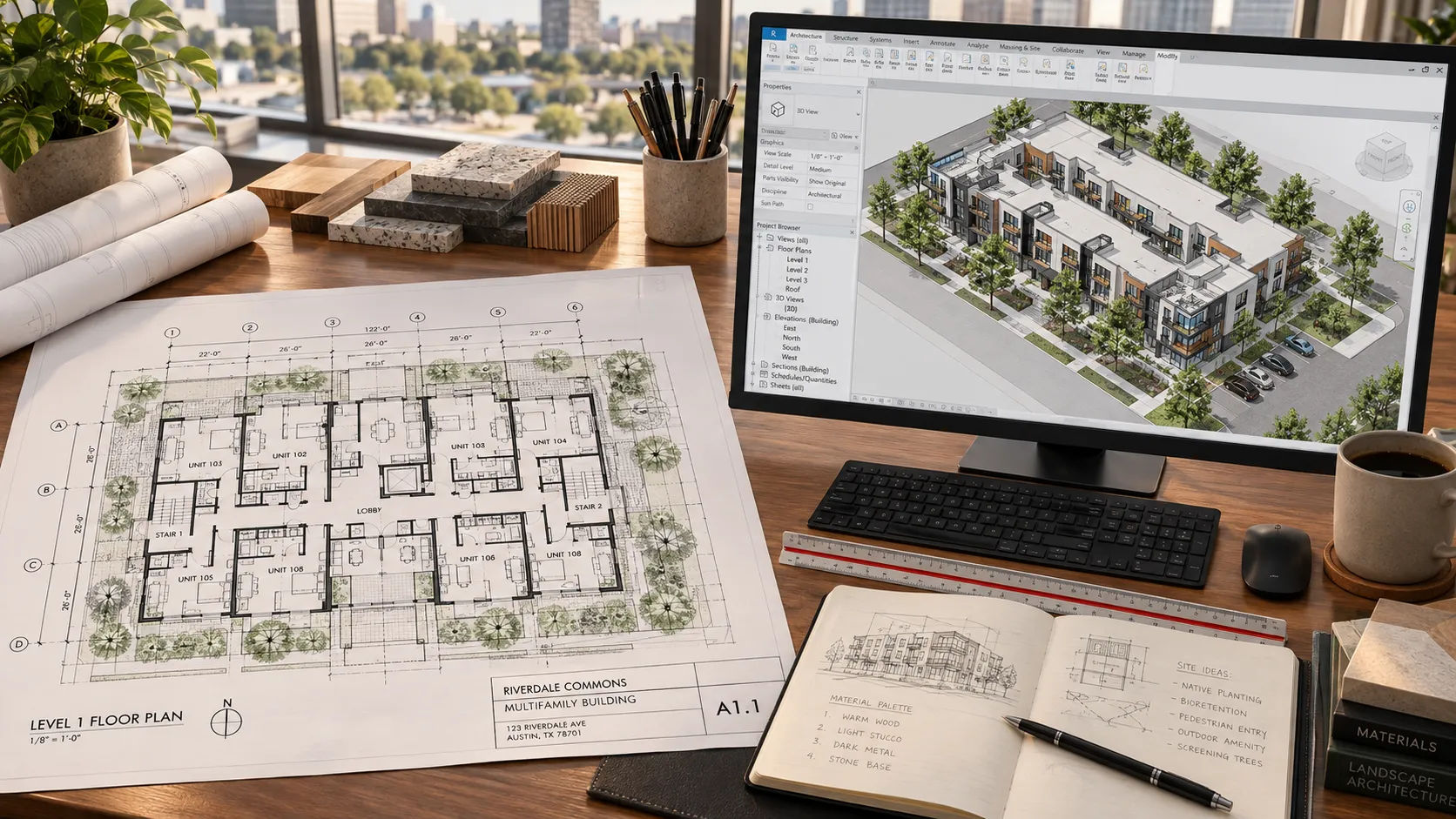 AutoCAD drawing and Revit model of the same floor plan for an outsourced drafting handoff