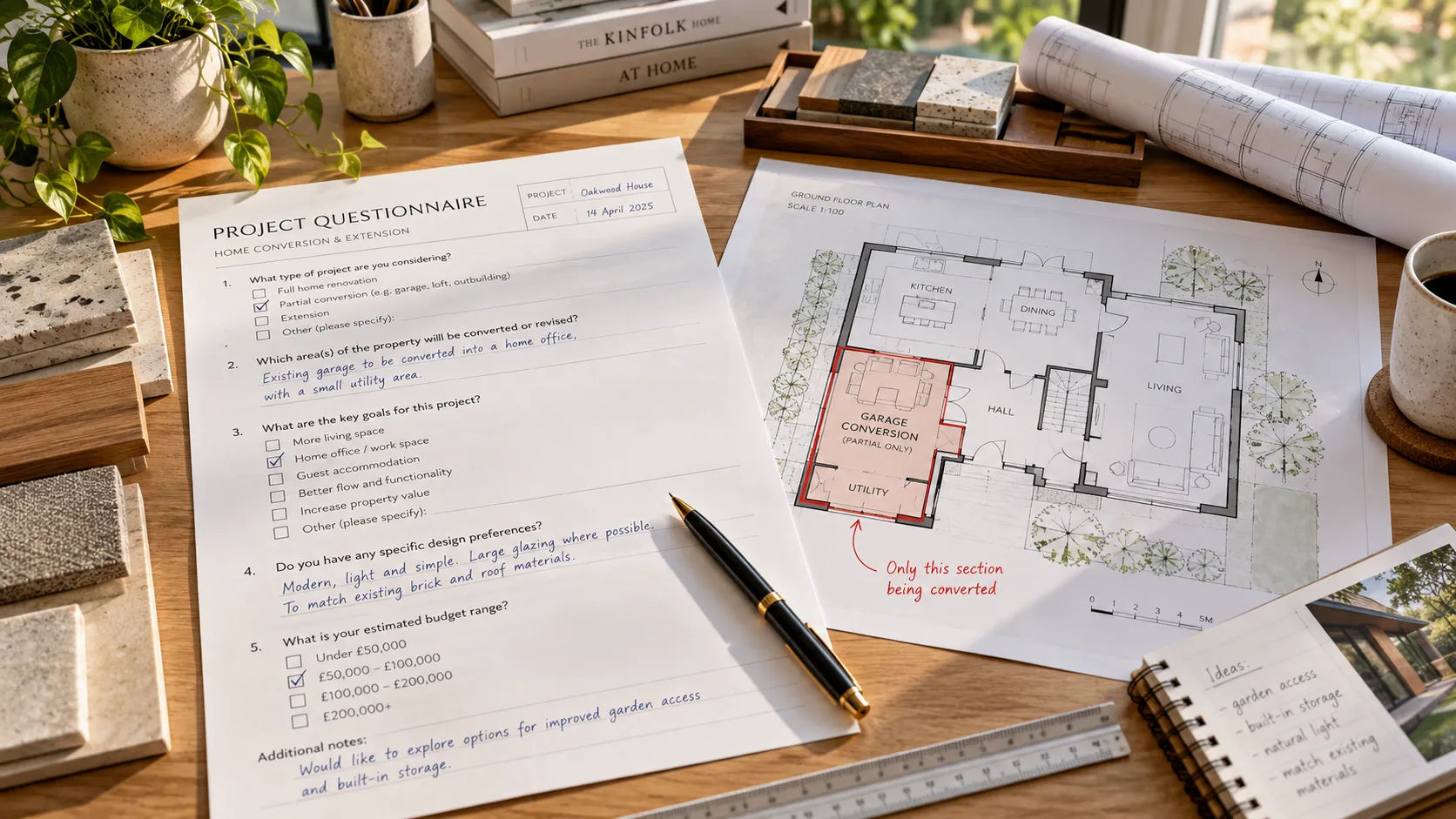 Five-question conversion checklist next to a floor plan marked for partial AutoCAD to Revit conversion