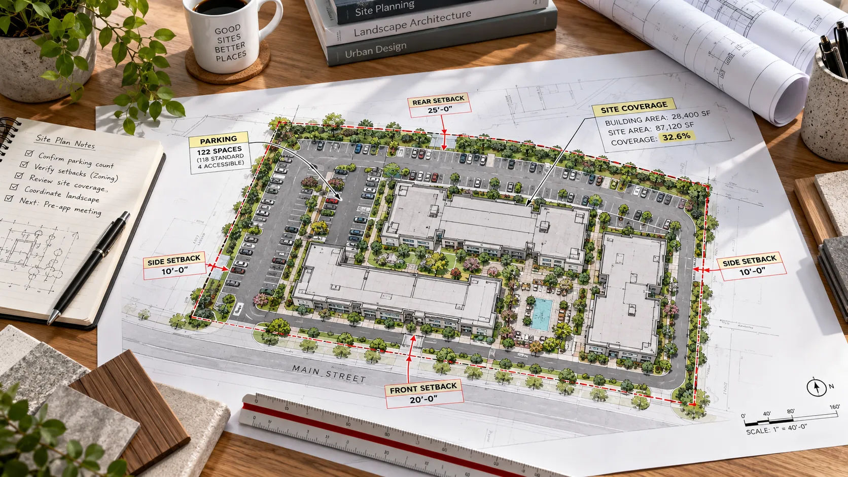 Annotated multifamily site plan showing lot coverage, parking counts and setback dimensions