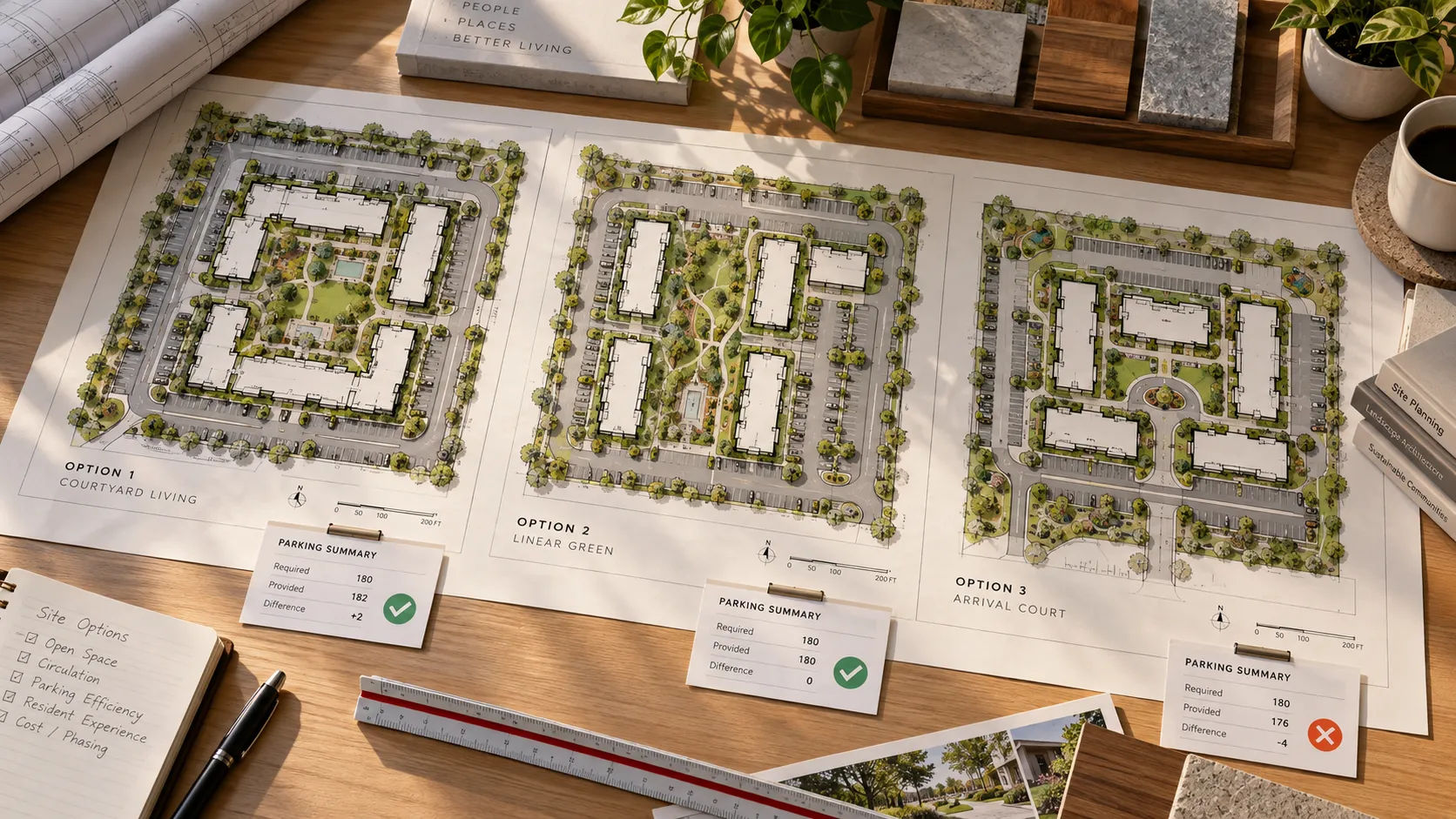 Three multifamily site layout options with completed parking count checks