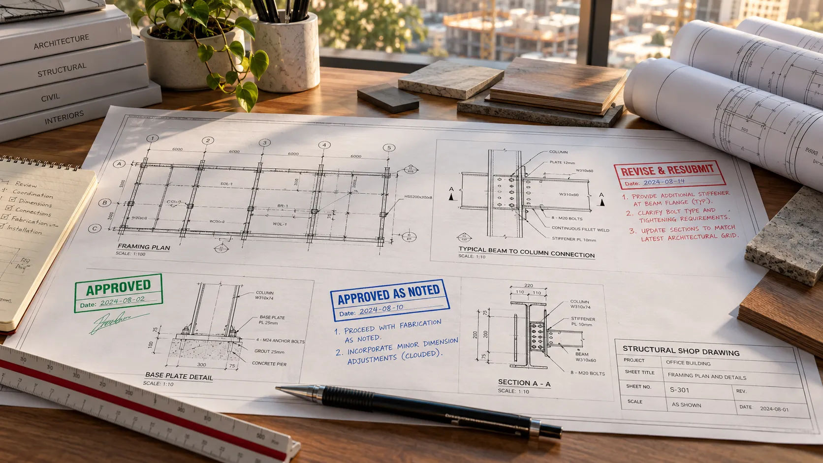 Structural shop drawing with engineer of record review statuses