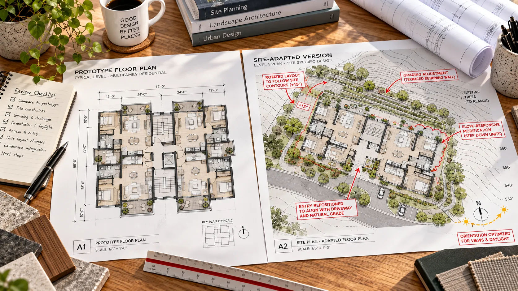 Completed build-to-rent site-adaptation checklist beside a prototype and site plan comparison