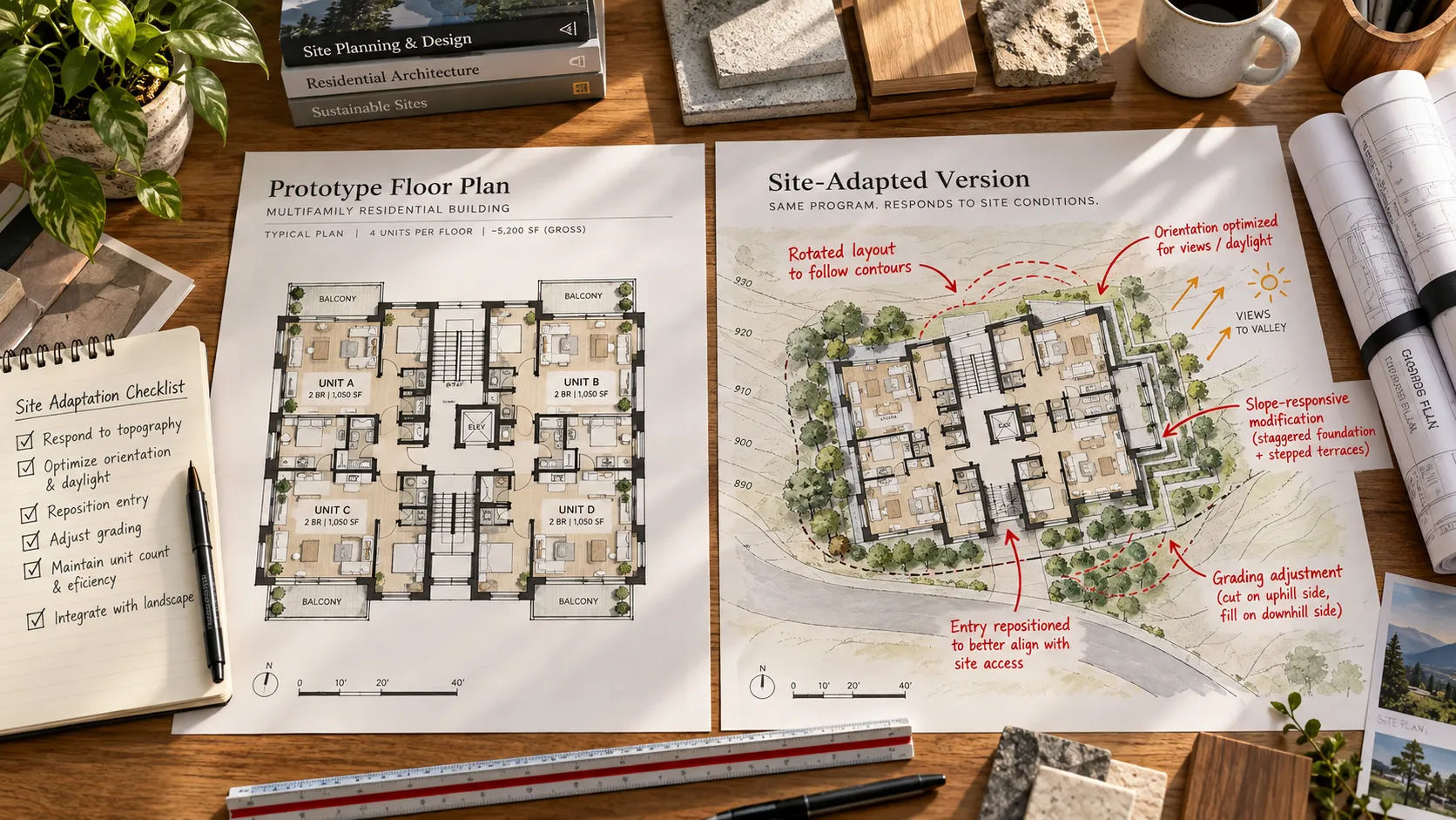 Build-to-rent prototype plan adapted to a specific site’s grading and orientation