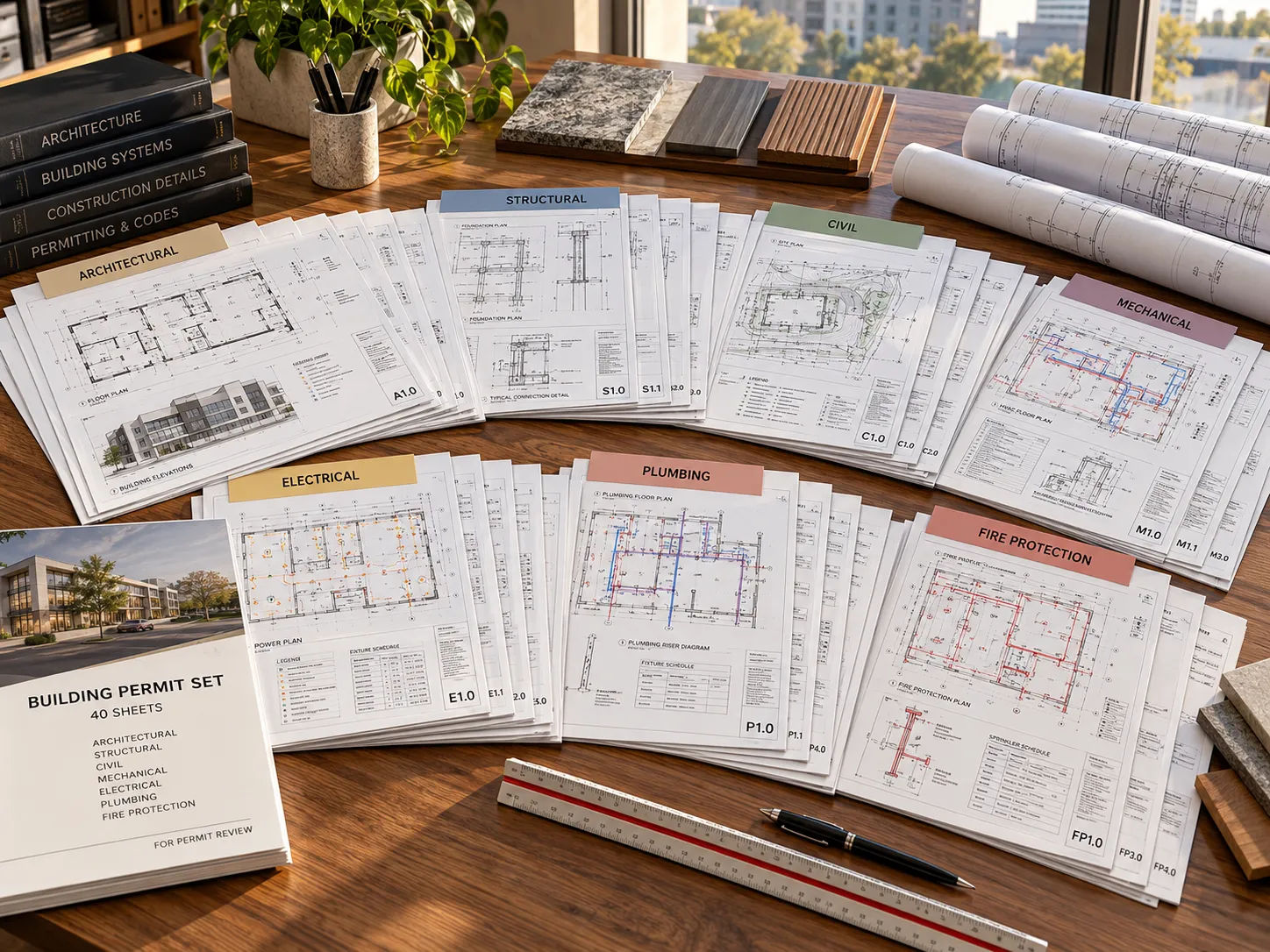 A 40-sheet commercial permit package fanned out and grouped by discipline