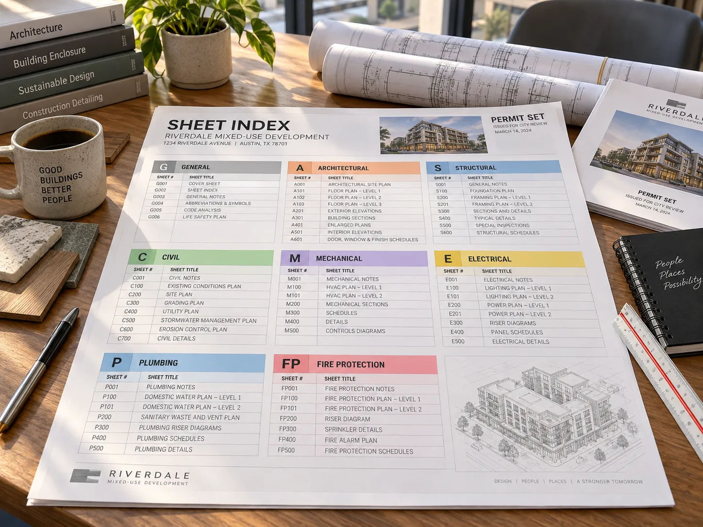 Annotated permit package sheet index with discipline groups color-coded