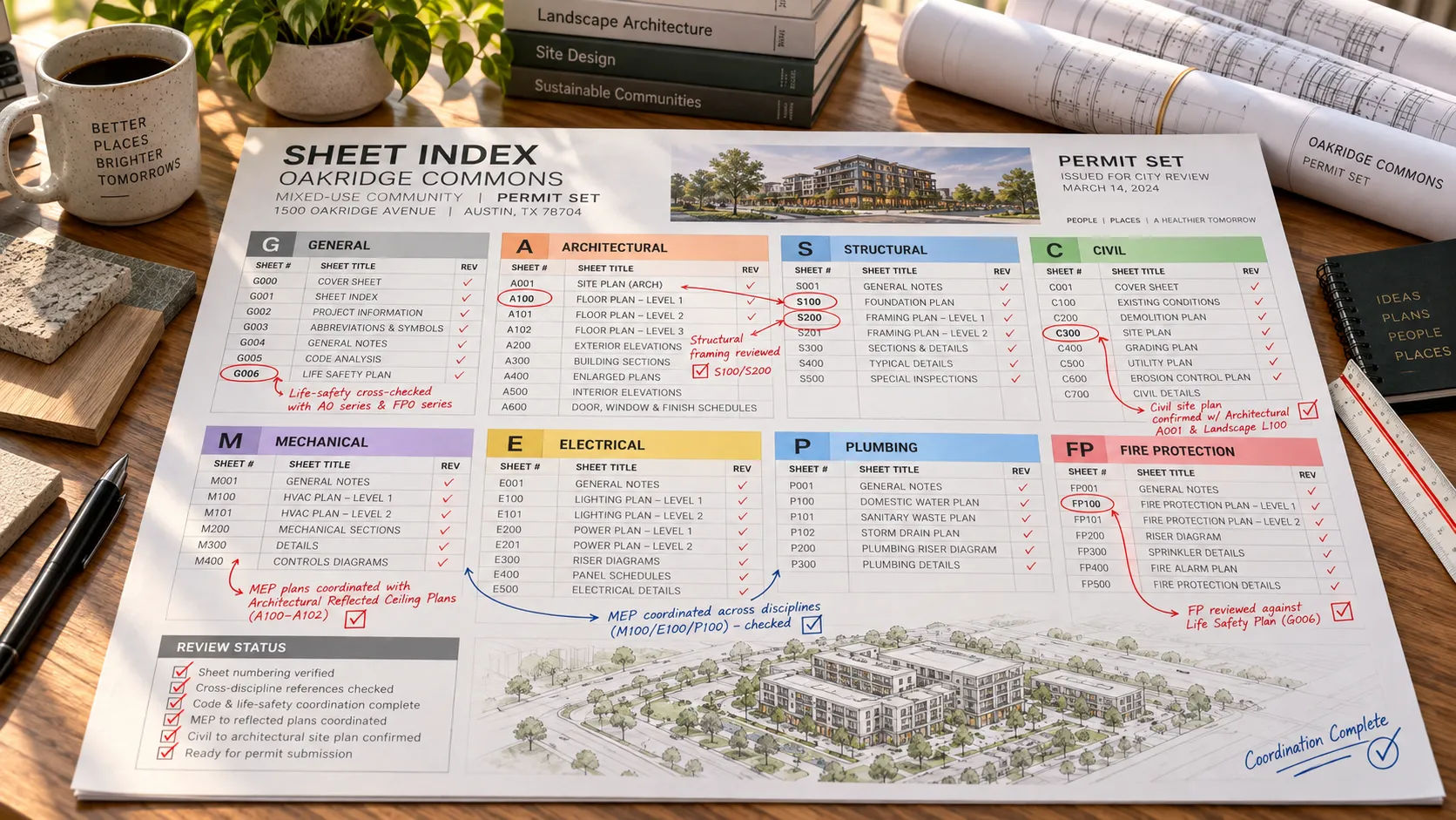 Permit package sheet index with cross-reference checks marked between discipline groups