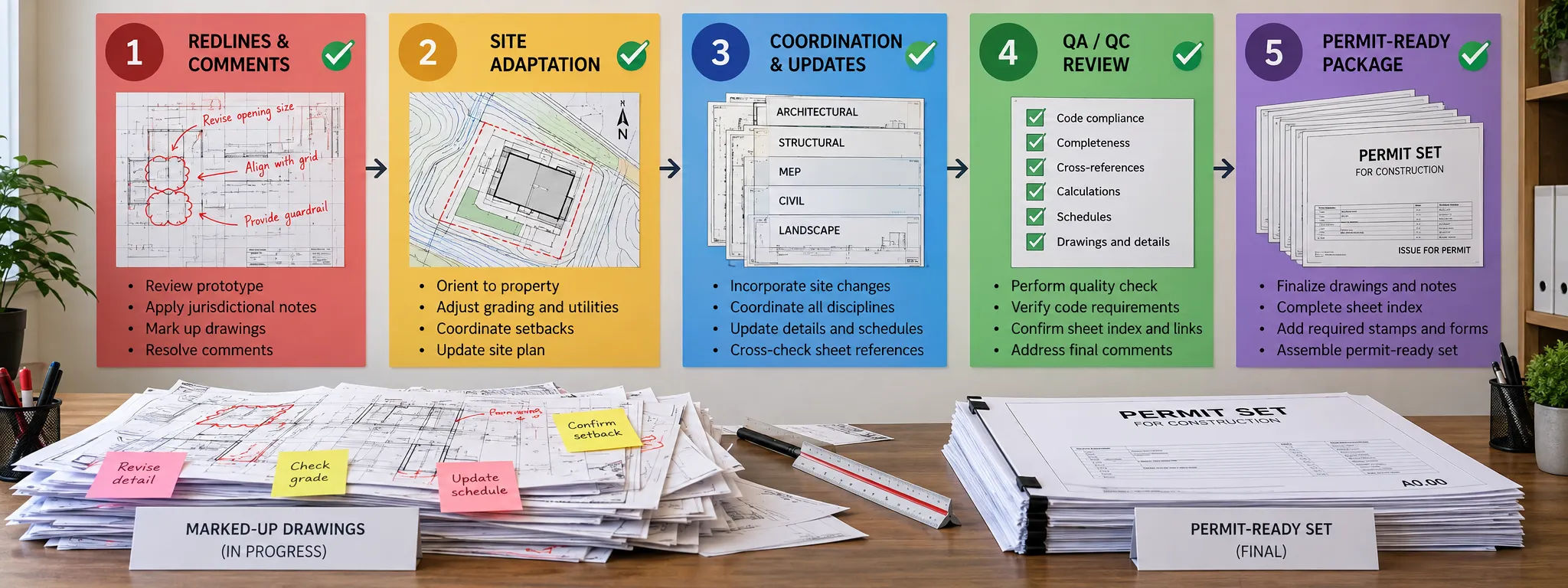 Five-stage process board from redline intake to permit-ready package