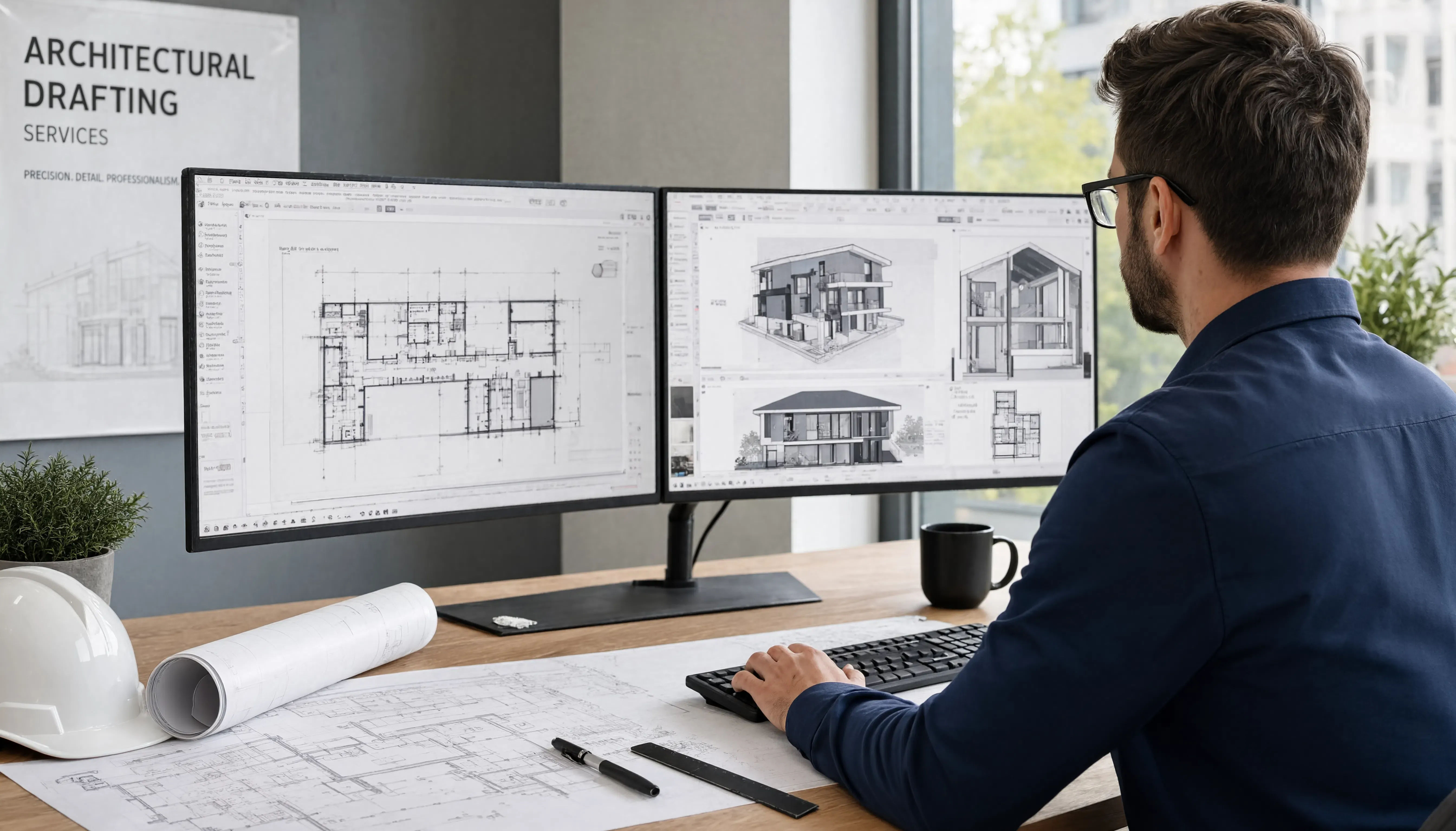 Architect reviewing house plans and 3D models on dual monitors in a modern drafting office.