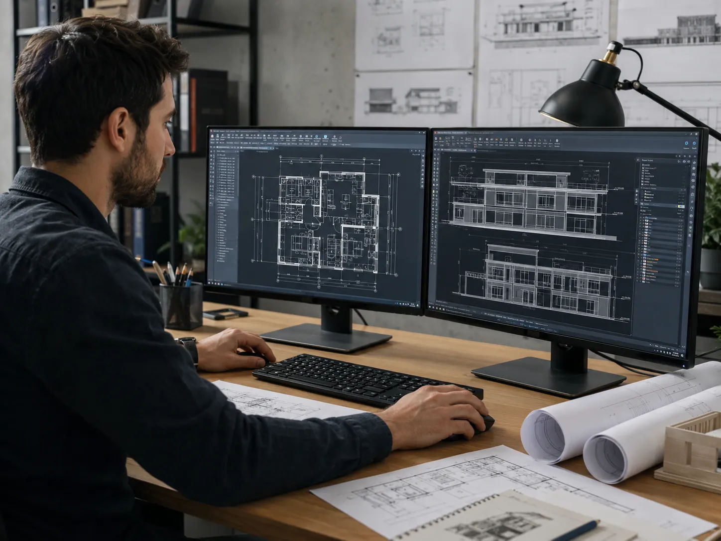 Architectural drafting services in progress — CAD technician producing detailed floor plans and elevations