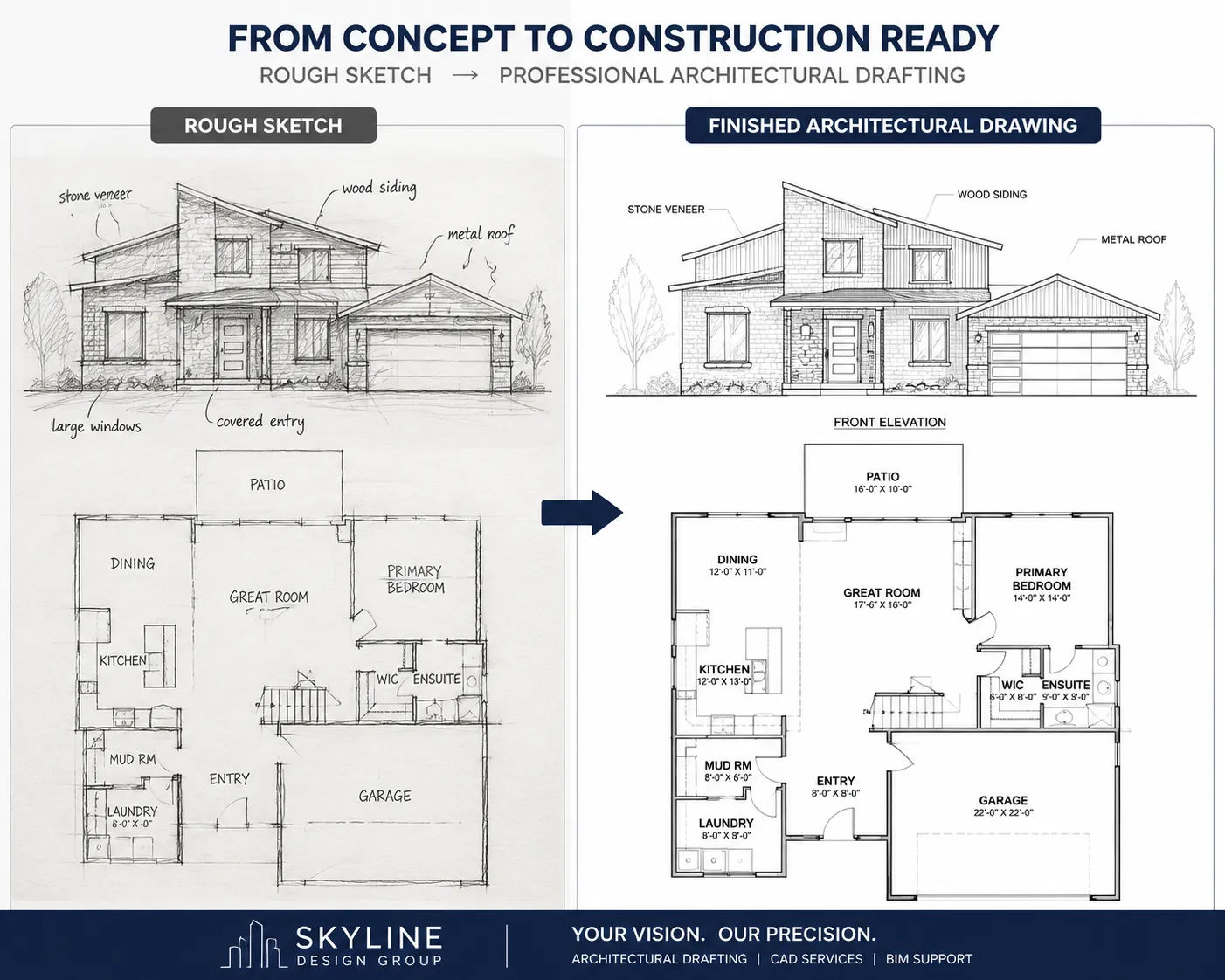 Before and after — rough concept sketch converted to professional architectural drafting by Skyline Design Group
