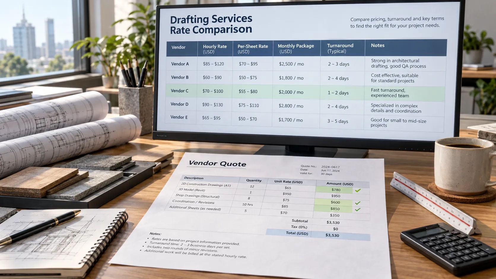Drafting rate index used to check a vendor quote against published market rates
