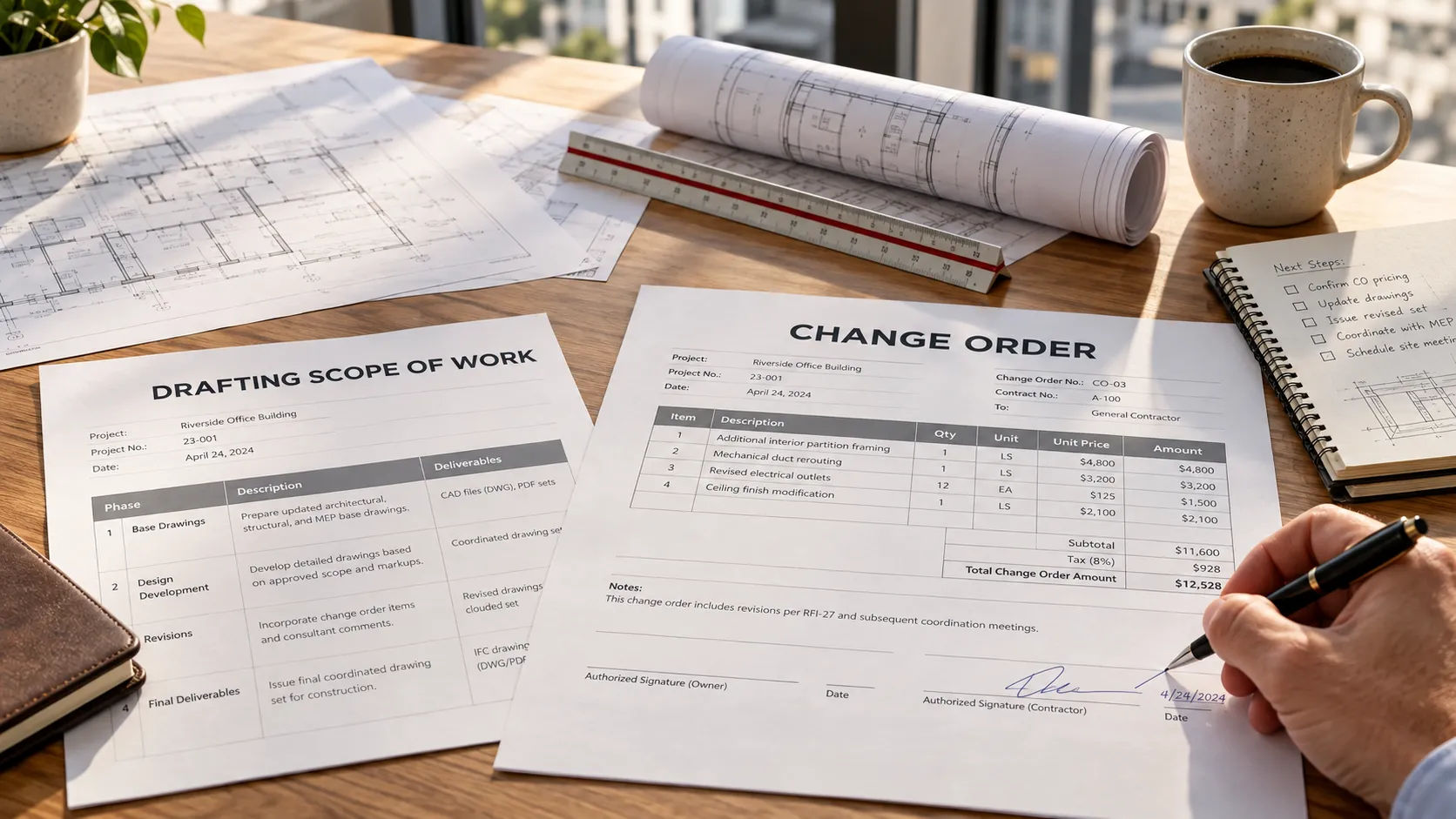 Signed change order next to a drafting scope of work, tracking a revision beyond the included rounds