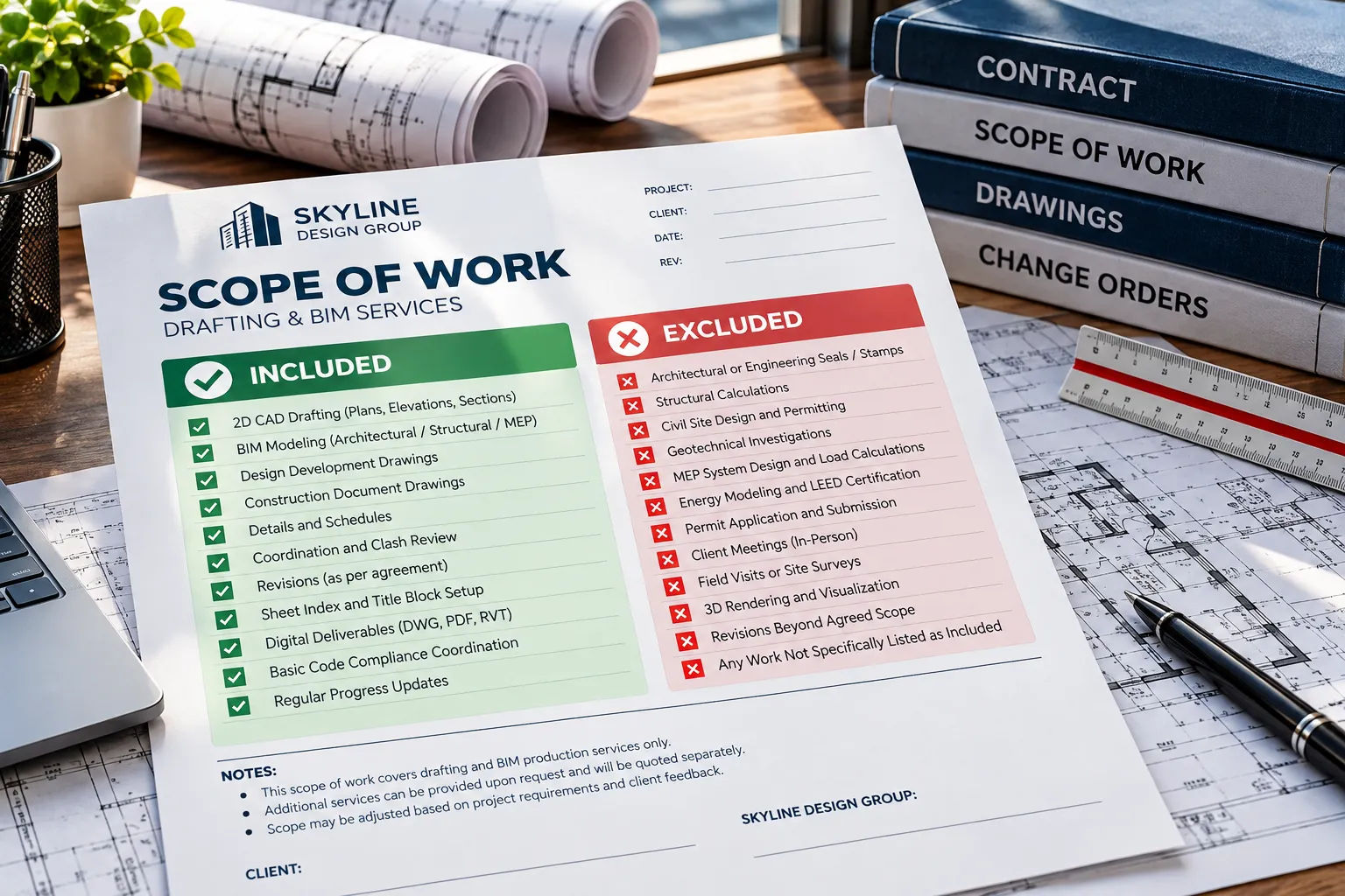 Drafting scope of work with included and excluded items clearly separated