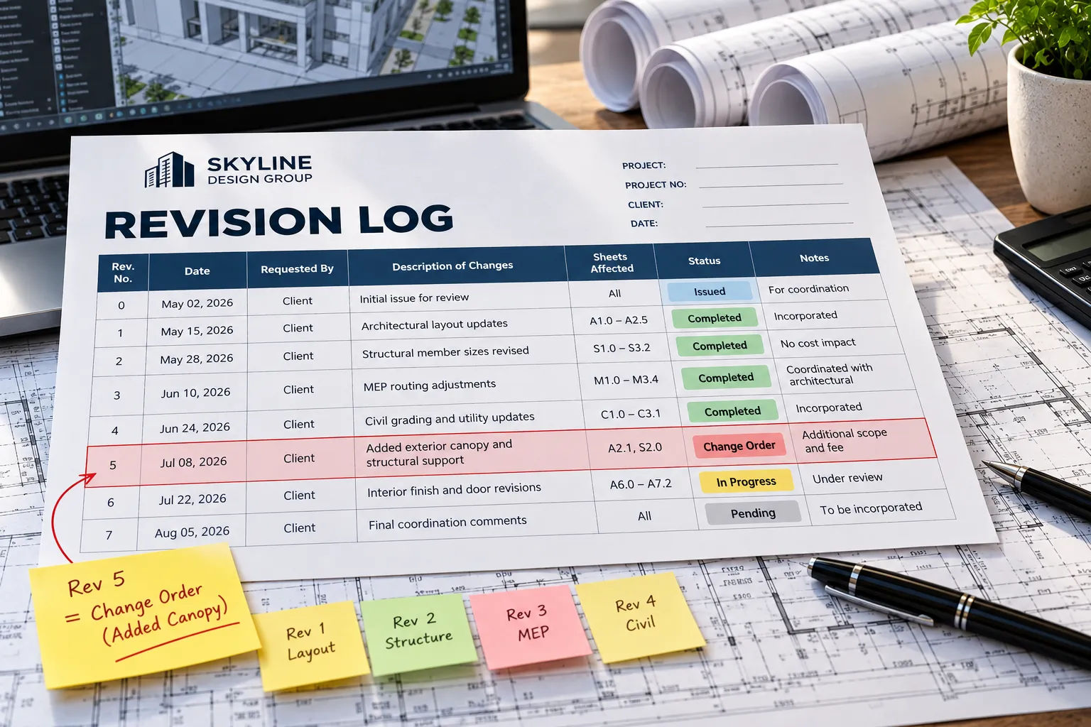 Revision and change order log tracking drafting rounds against the included scope