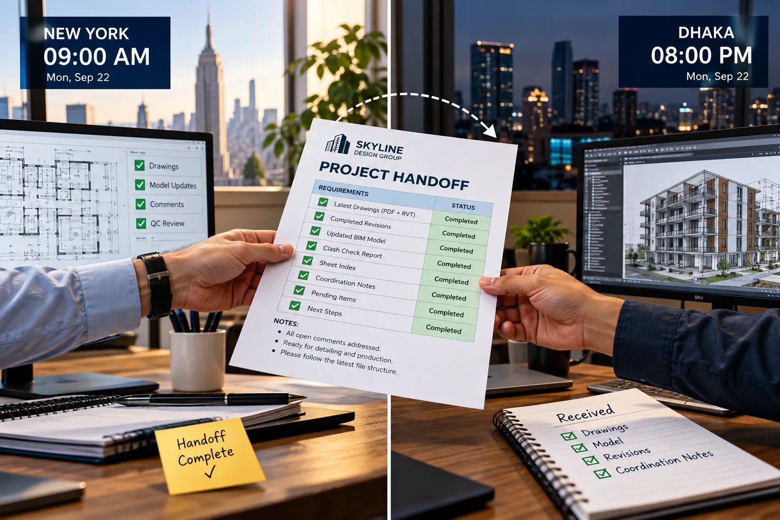 Written handoff documentation passed between drafting teams across time zones
