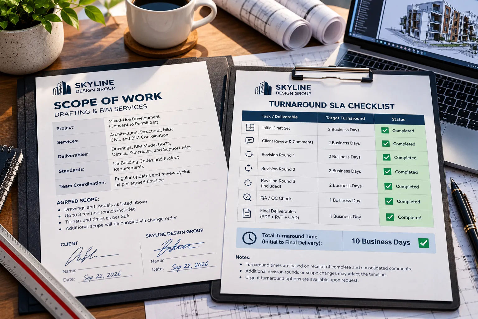 Completed turnaround SLA checklist attached to a drafting scope note