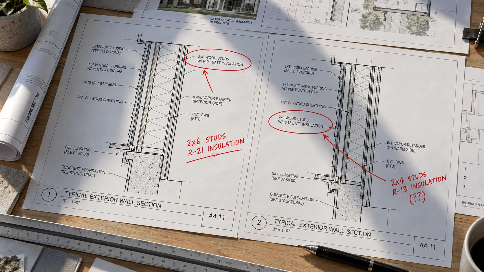 Conflicting wall assembly details from the same drawing set that a field crew has to reconcile