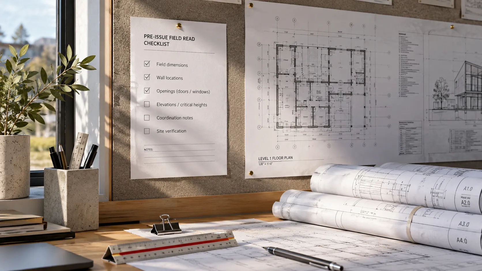 Pre-issue field-read checklist beside a plotted construction drawing set