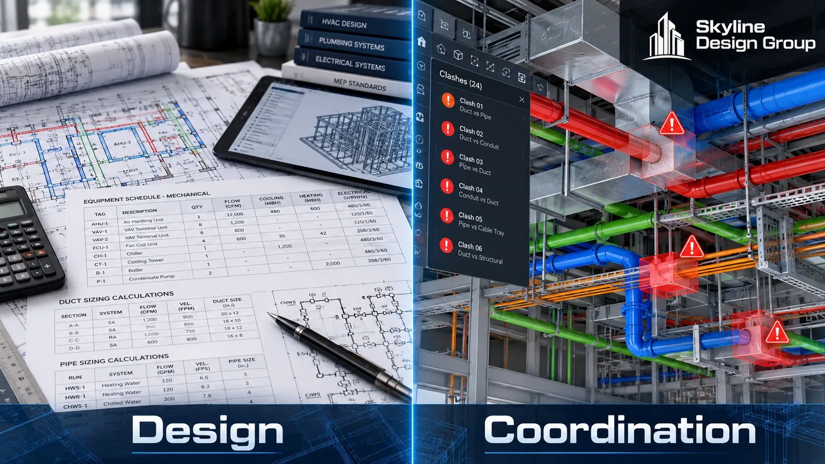 Side-by-side comparison of MEP design output and MEP coordination output