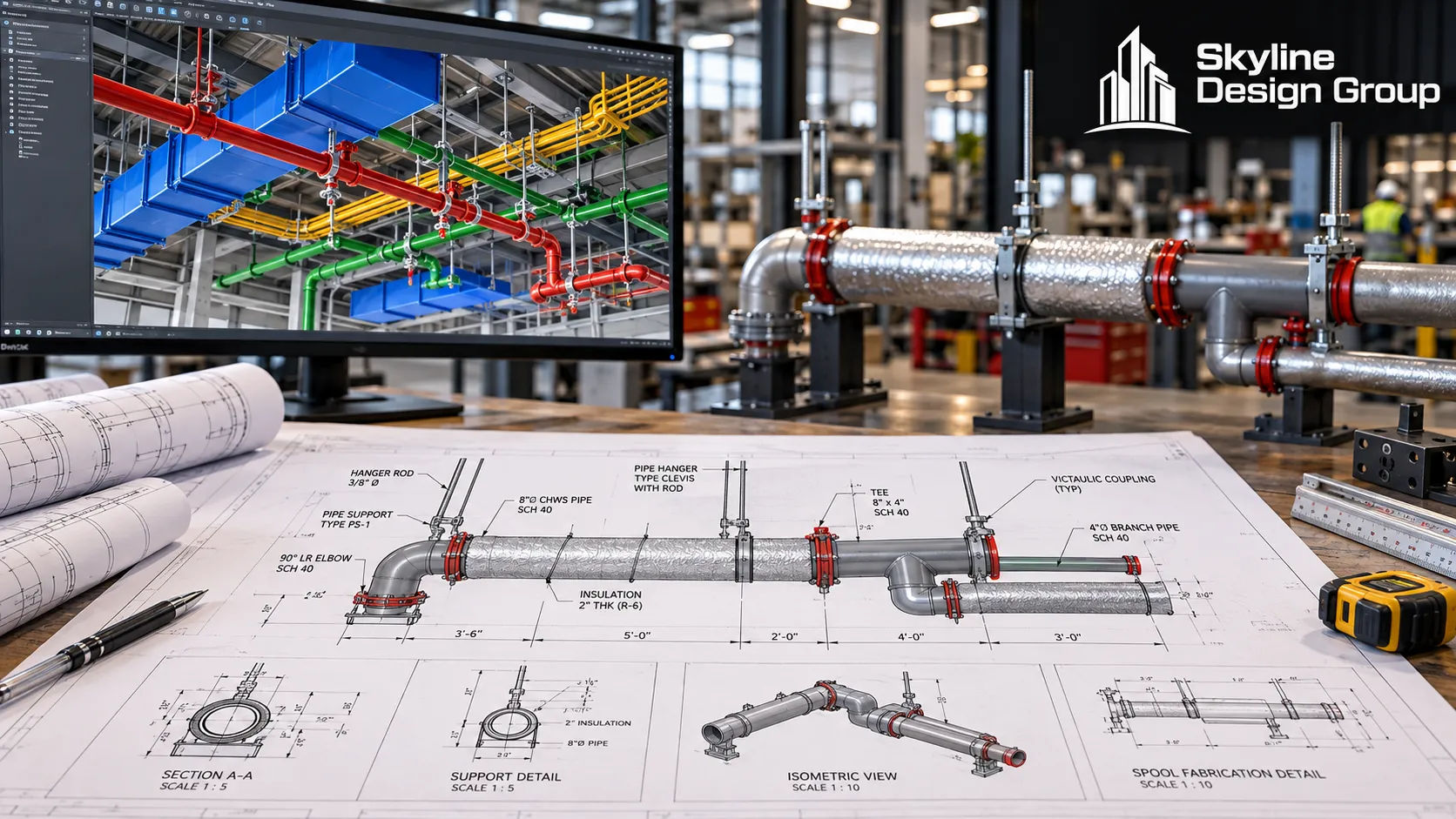 Fabrication-ready MEP spool drawing with hangers and insulation specified
