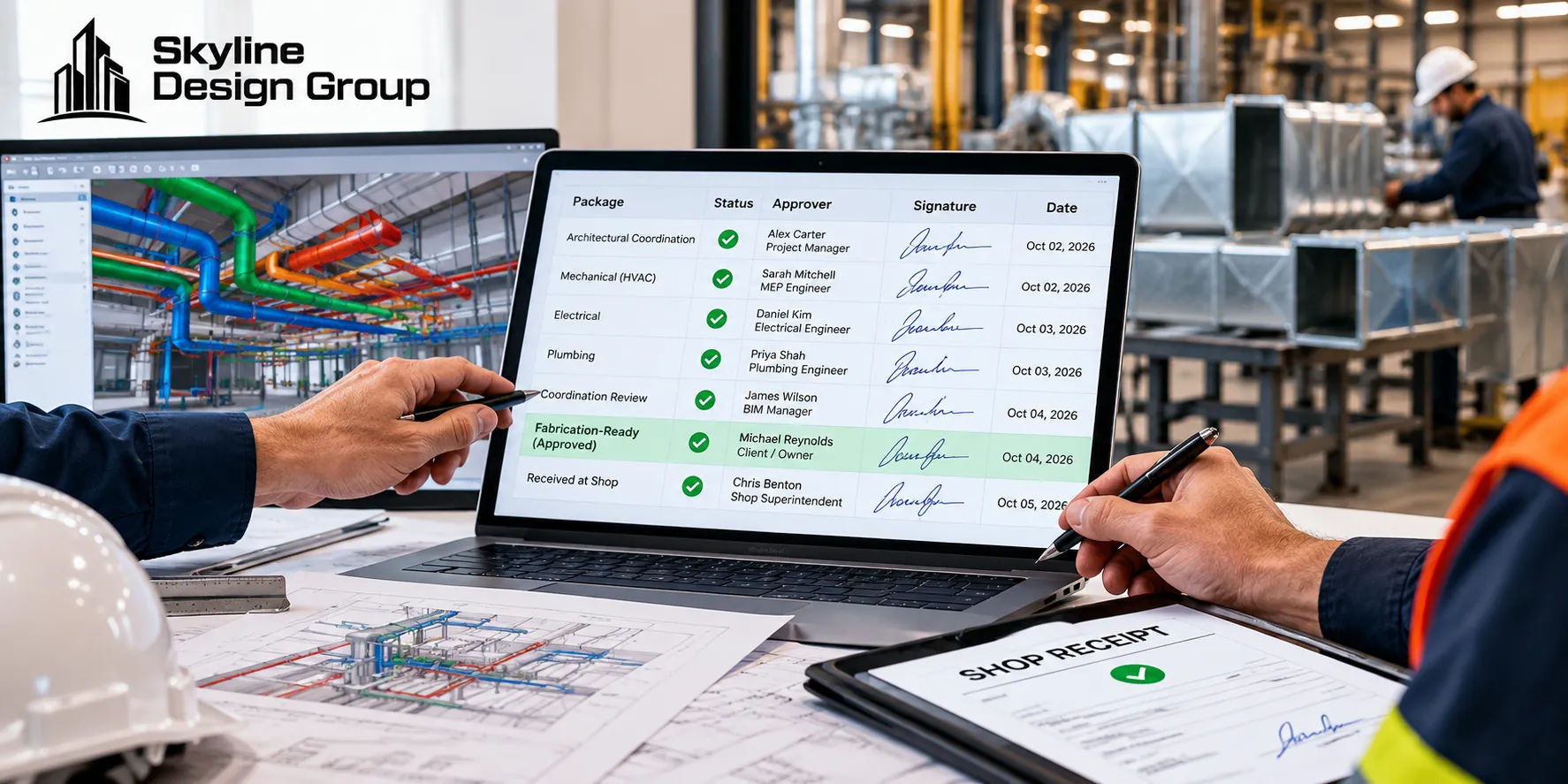 Fabrication-ready sign-off log with named approver and shop receipt confirmation